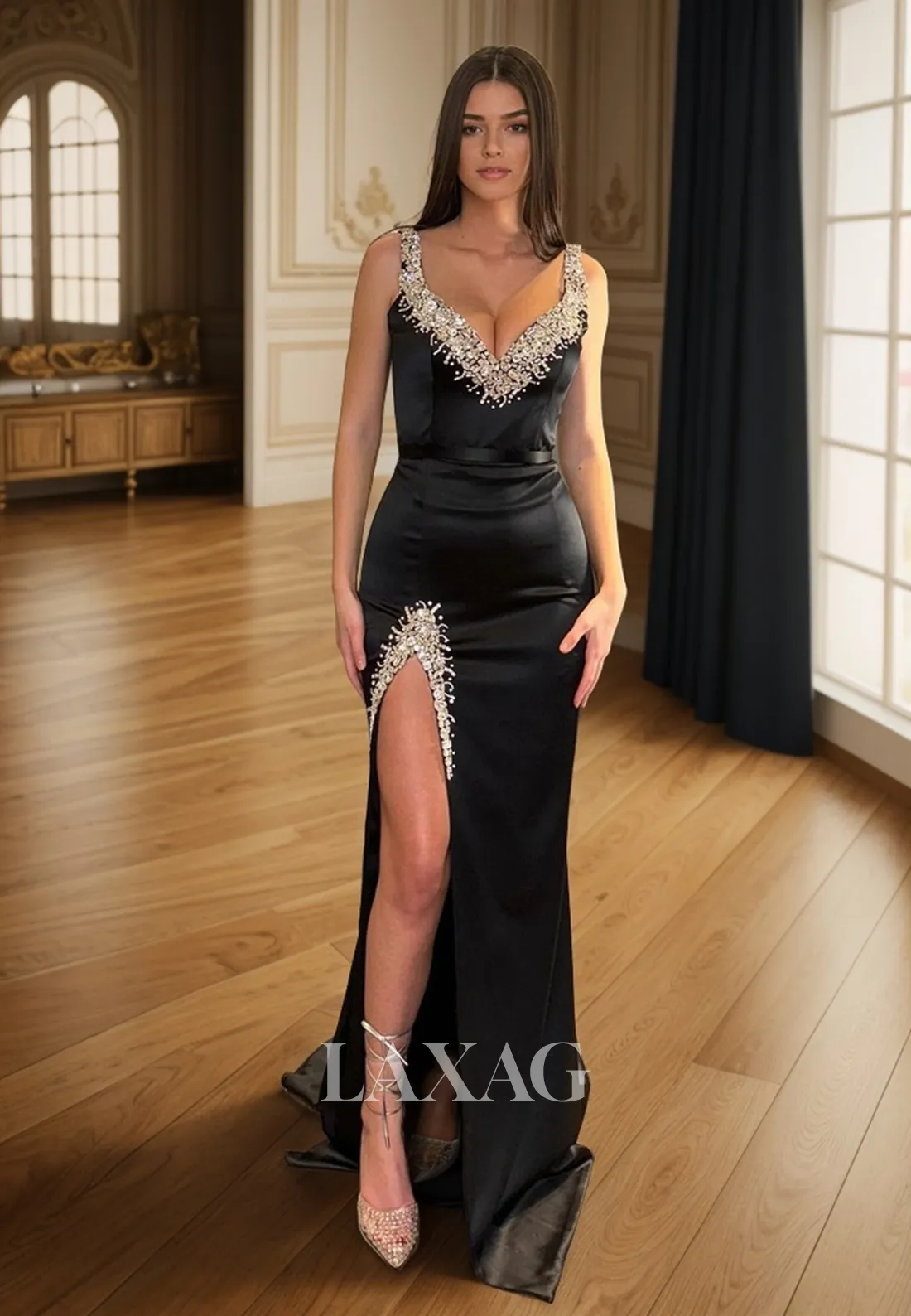 20716 - Sexy V neck Beads Side Slit Mermaid Prom Party Dress