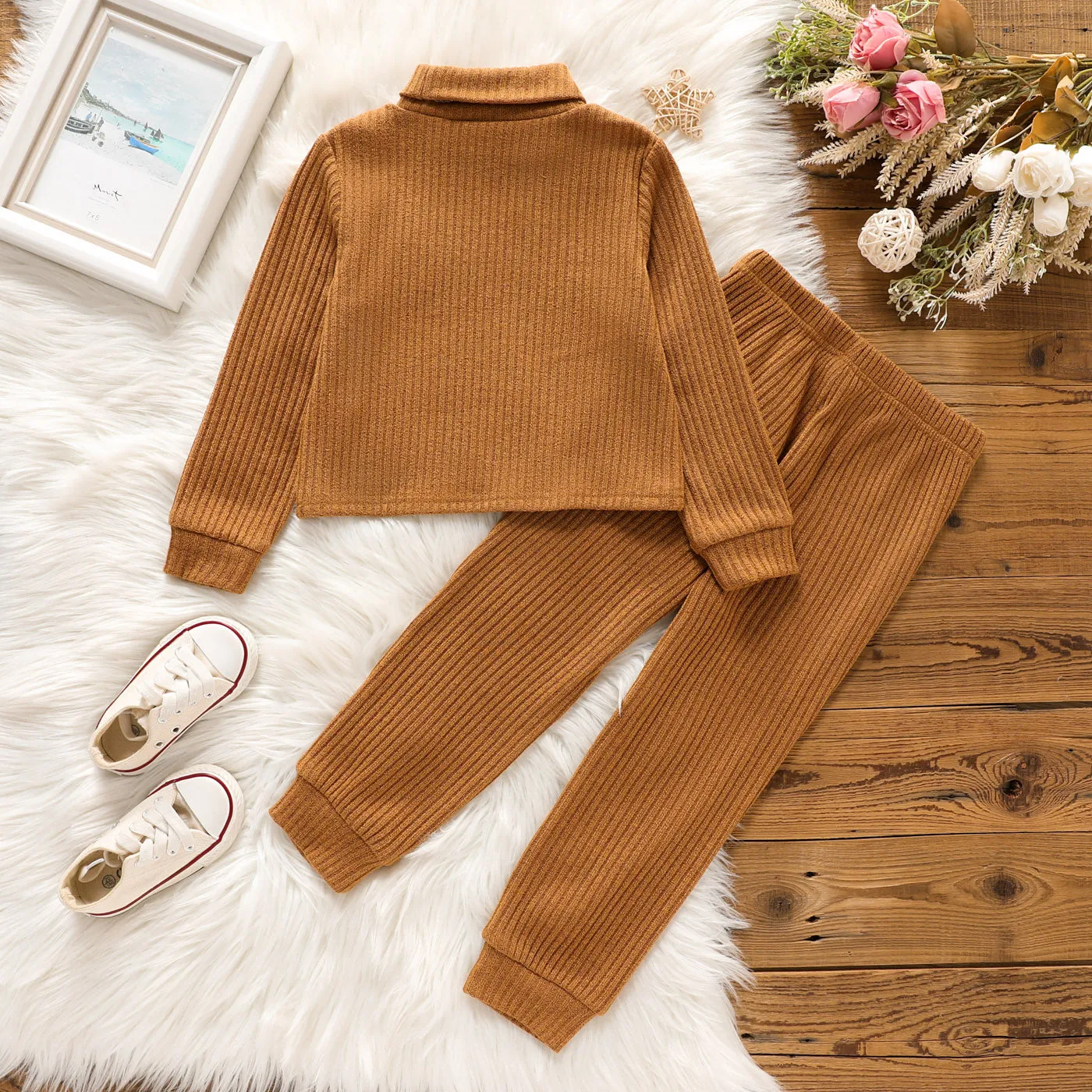 2pcs Toddler Girl Solid Color Ribbed Turtleneck Long-sleeve Tee and Elasticized Pants Set