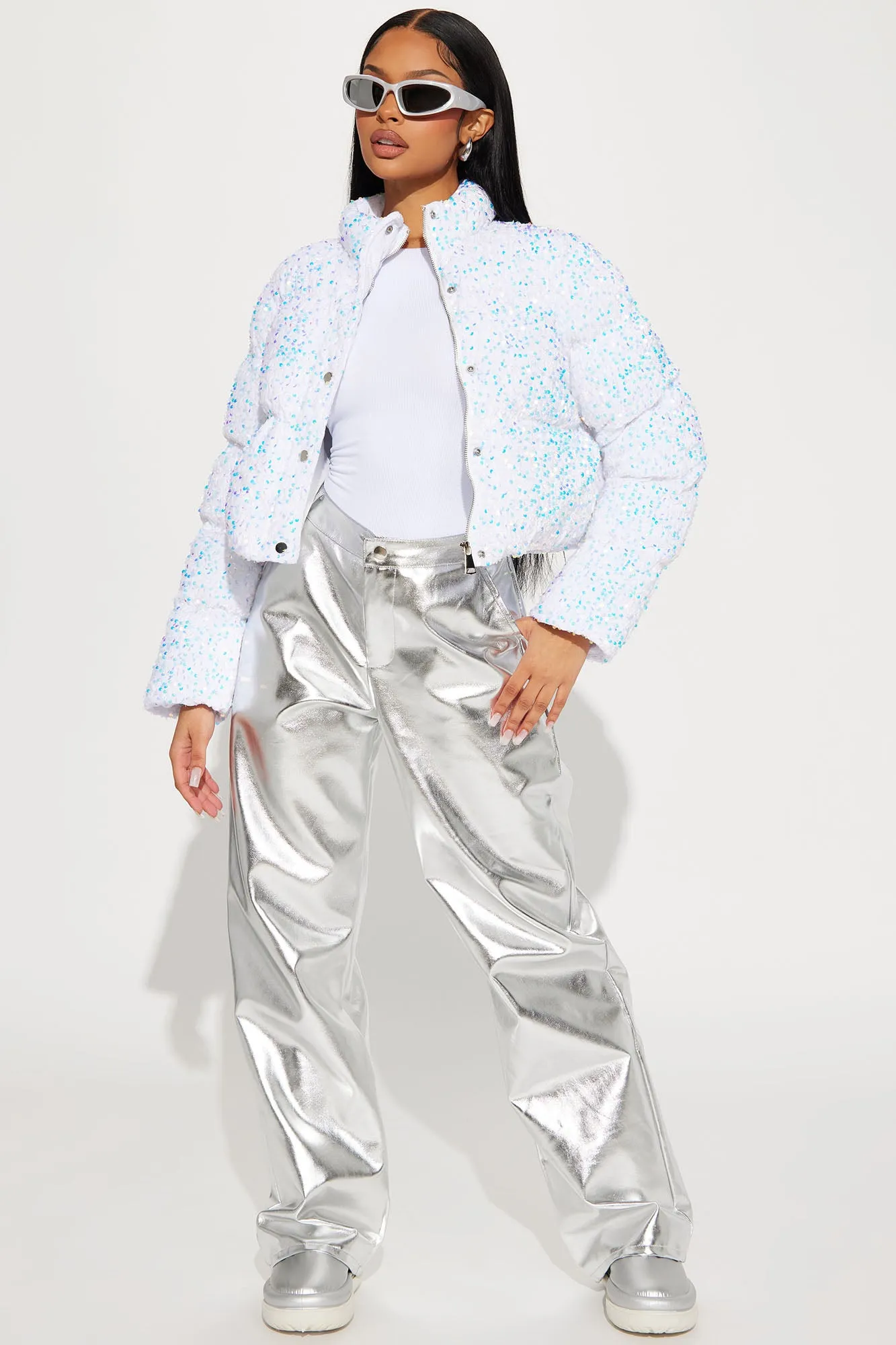 Allure Sequin Puffer Jacket - White