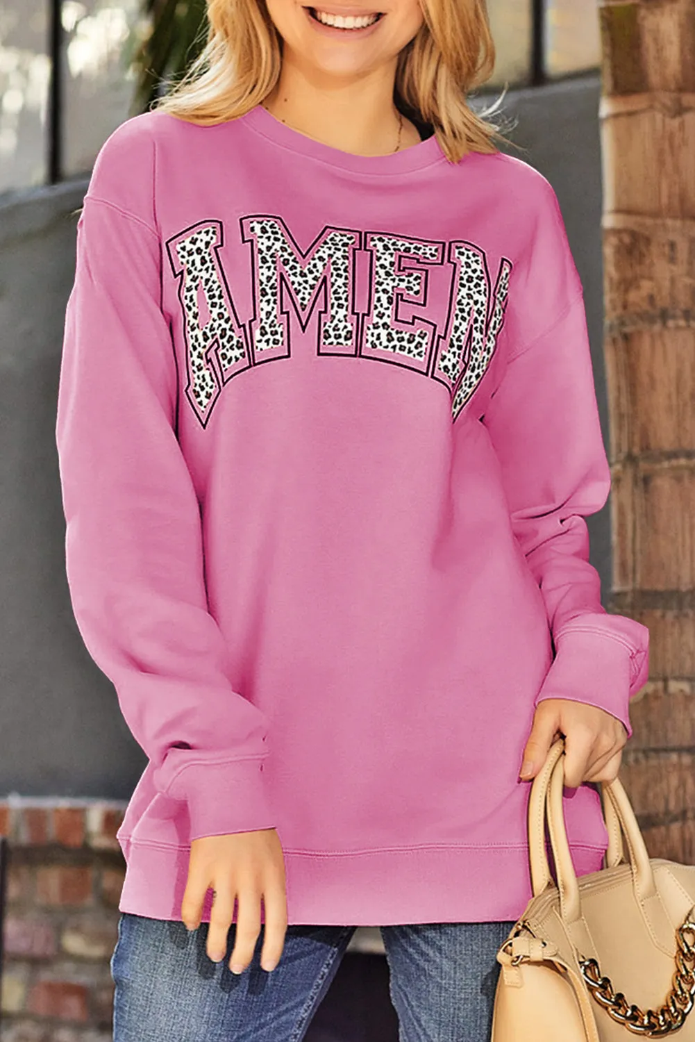 Amen Leopard Letter Print Oversized Pullover Sweatshirt