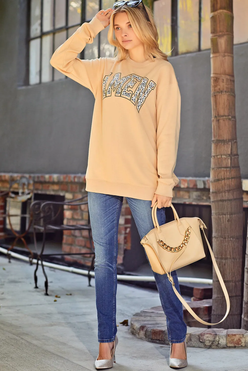 Amen Leopard Letter Print Oversized Pullover Sweatshirt