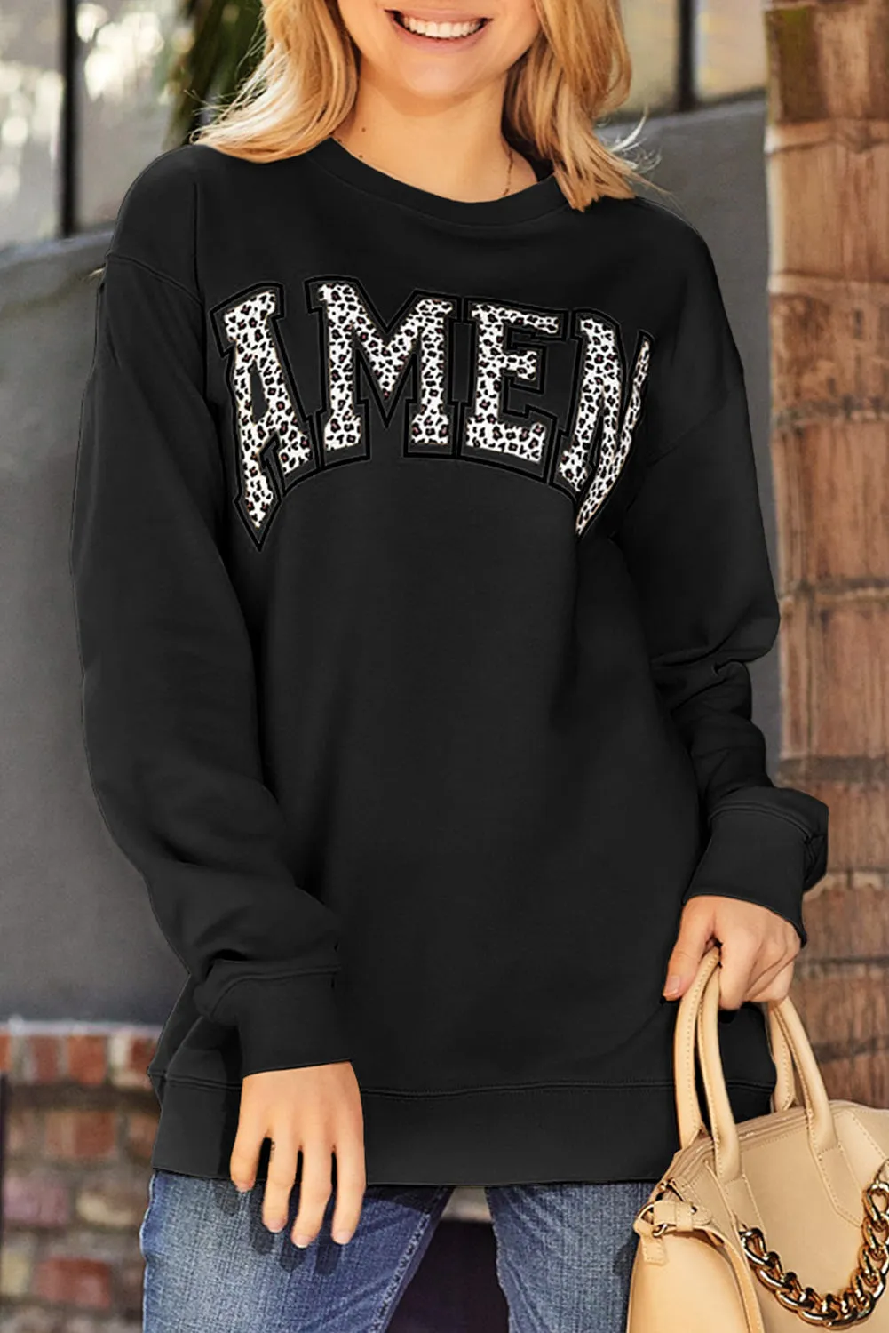 Amen Leopard Letter Print Oversized Pullover Sweatshirt