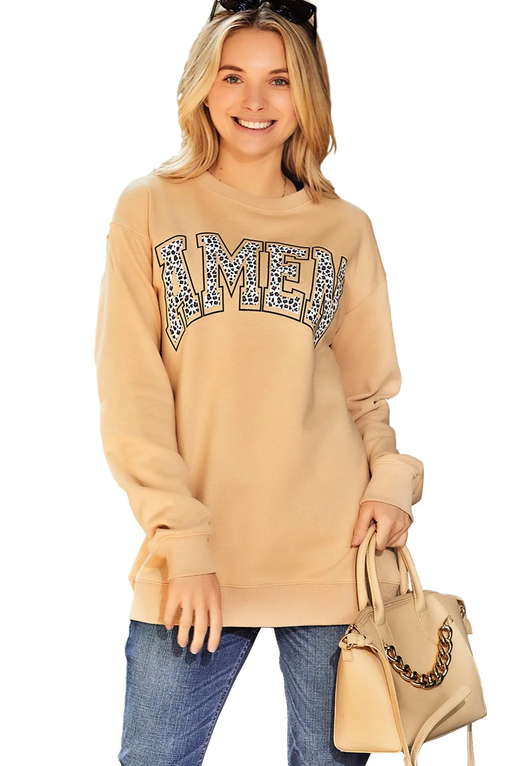 Amen Leopard Letter Print Oversized Pullover Sweatshirt