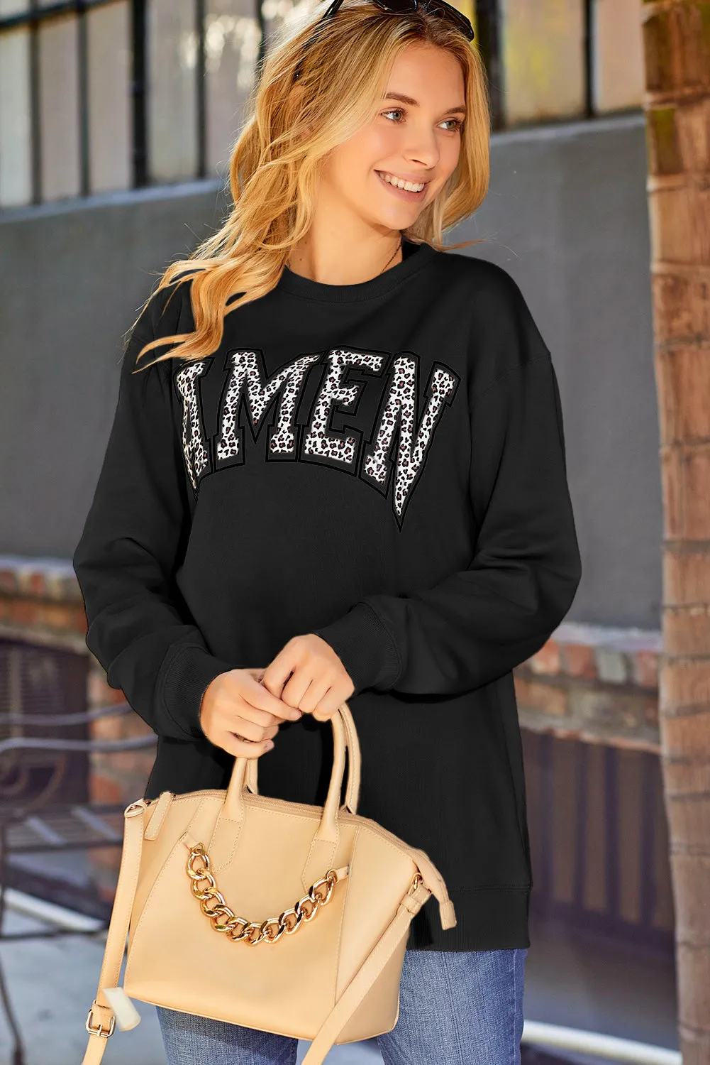 Amen Leopard Letter Print Oversized Pullover Sweatshirt