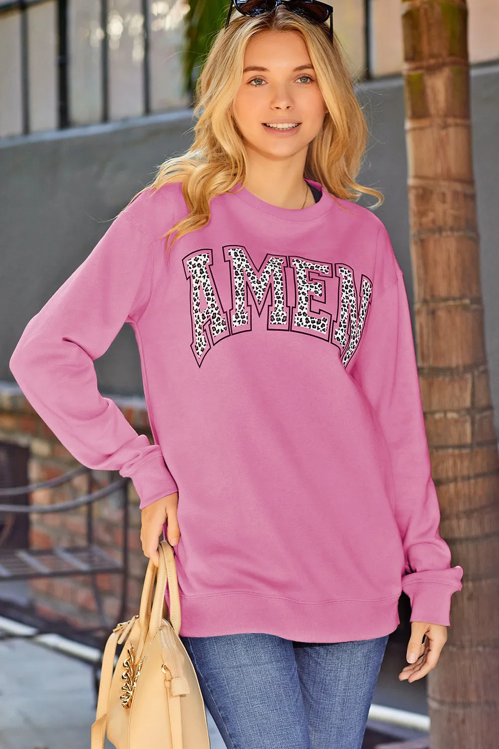 Amen Leopard Letter Print Oversized Pullover Sweatshirt