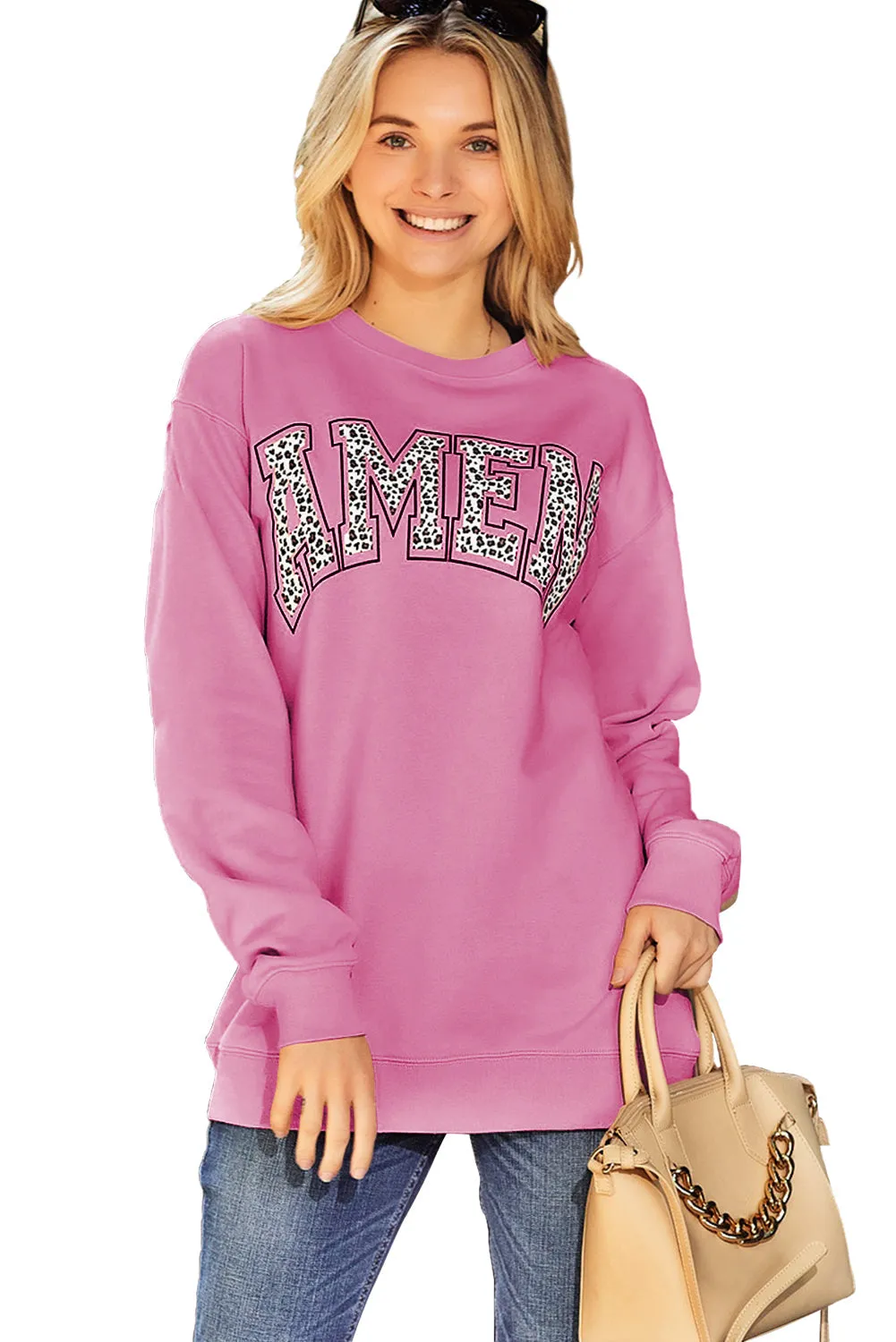 Amen Leopard Letter Print Oversized Pullover Sweatshirt