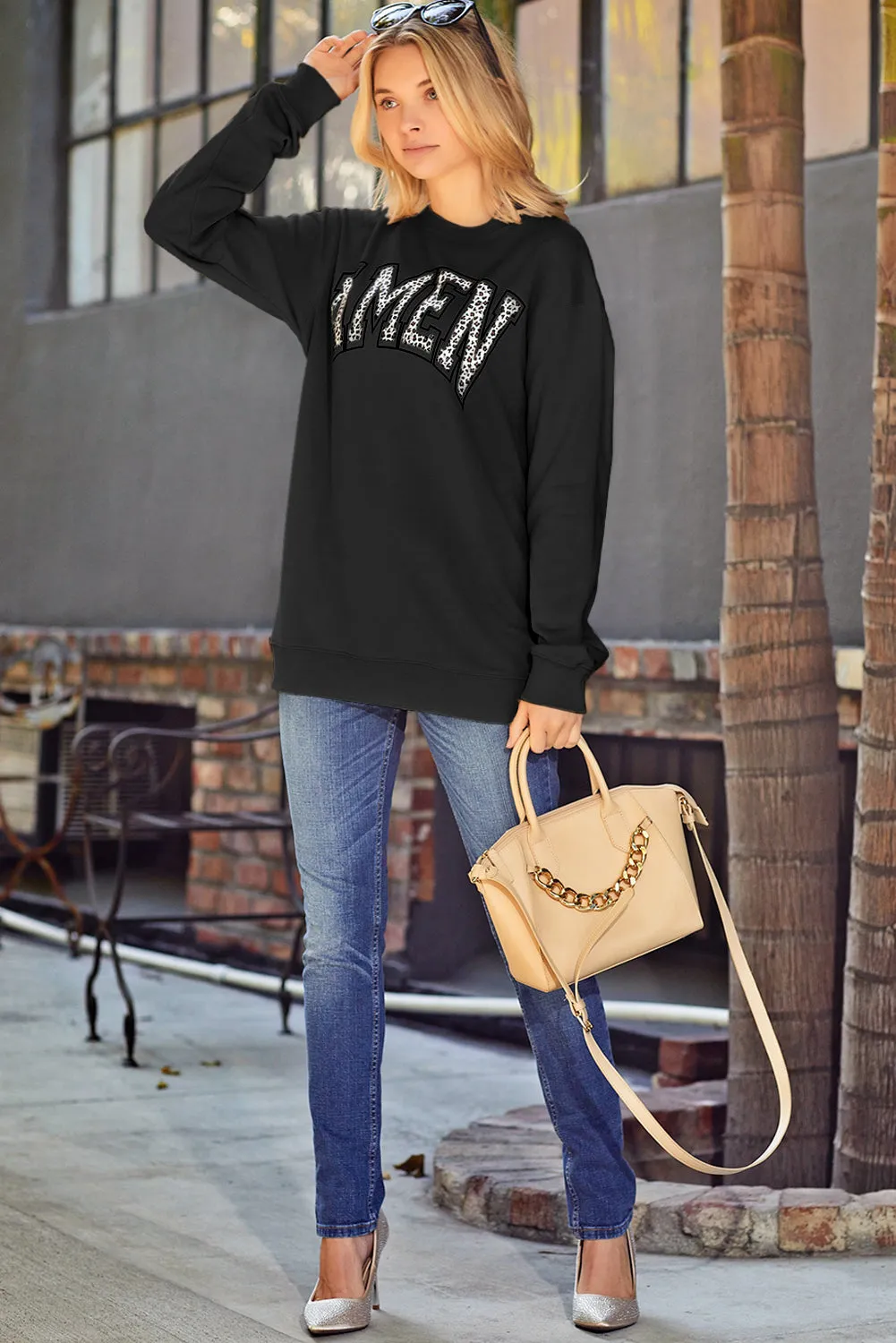 Amen Leopard Letter Print Oversized Pullover Sweatshirt