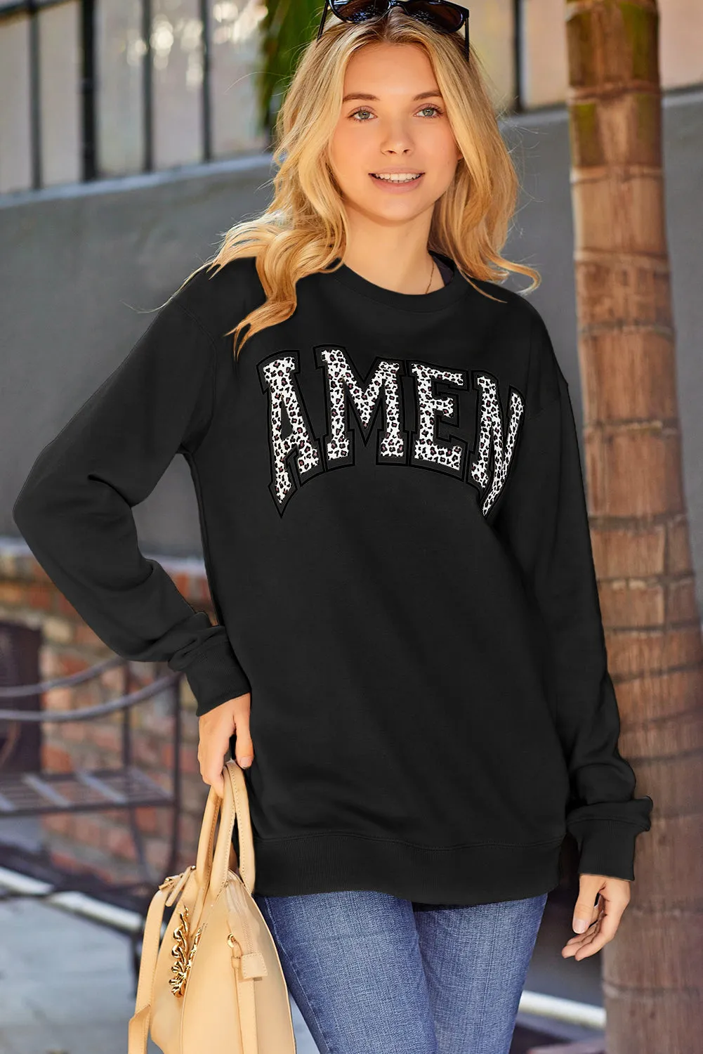 Amen Leopard Letter Print Oversized Pullover Sweatshirt