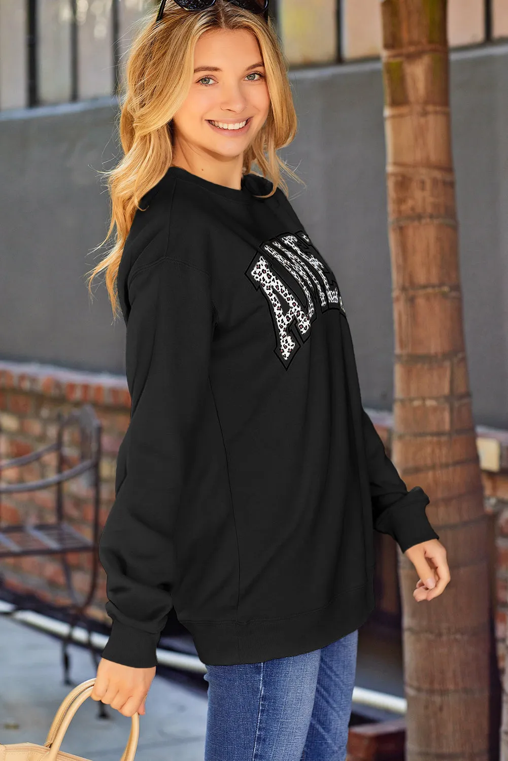 Amen Leopard Letter Print Oversized Pullover Sweatshirt