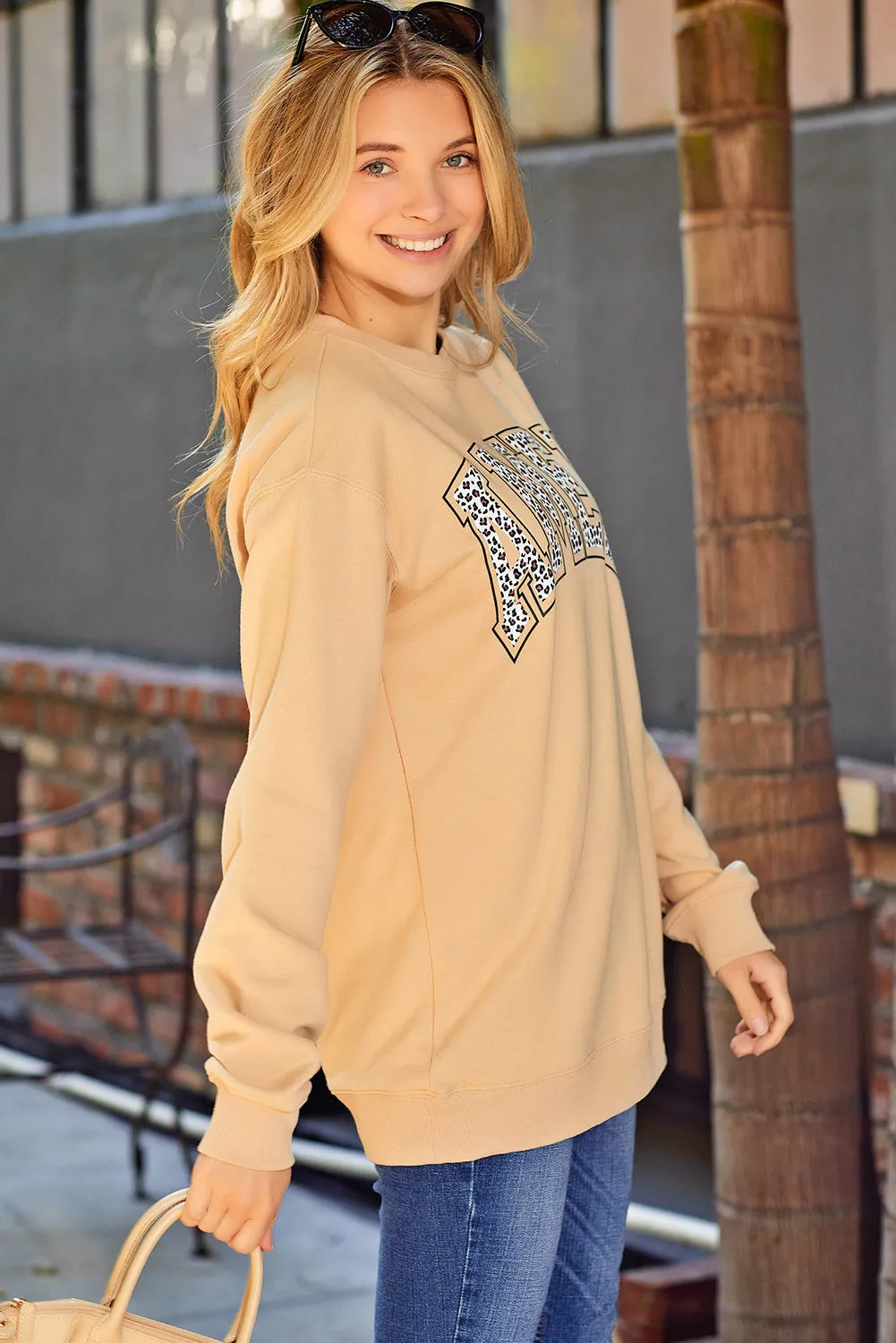 Amen Leopard Letter Print Oversized Pullover Sweatshirt