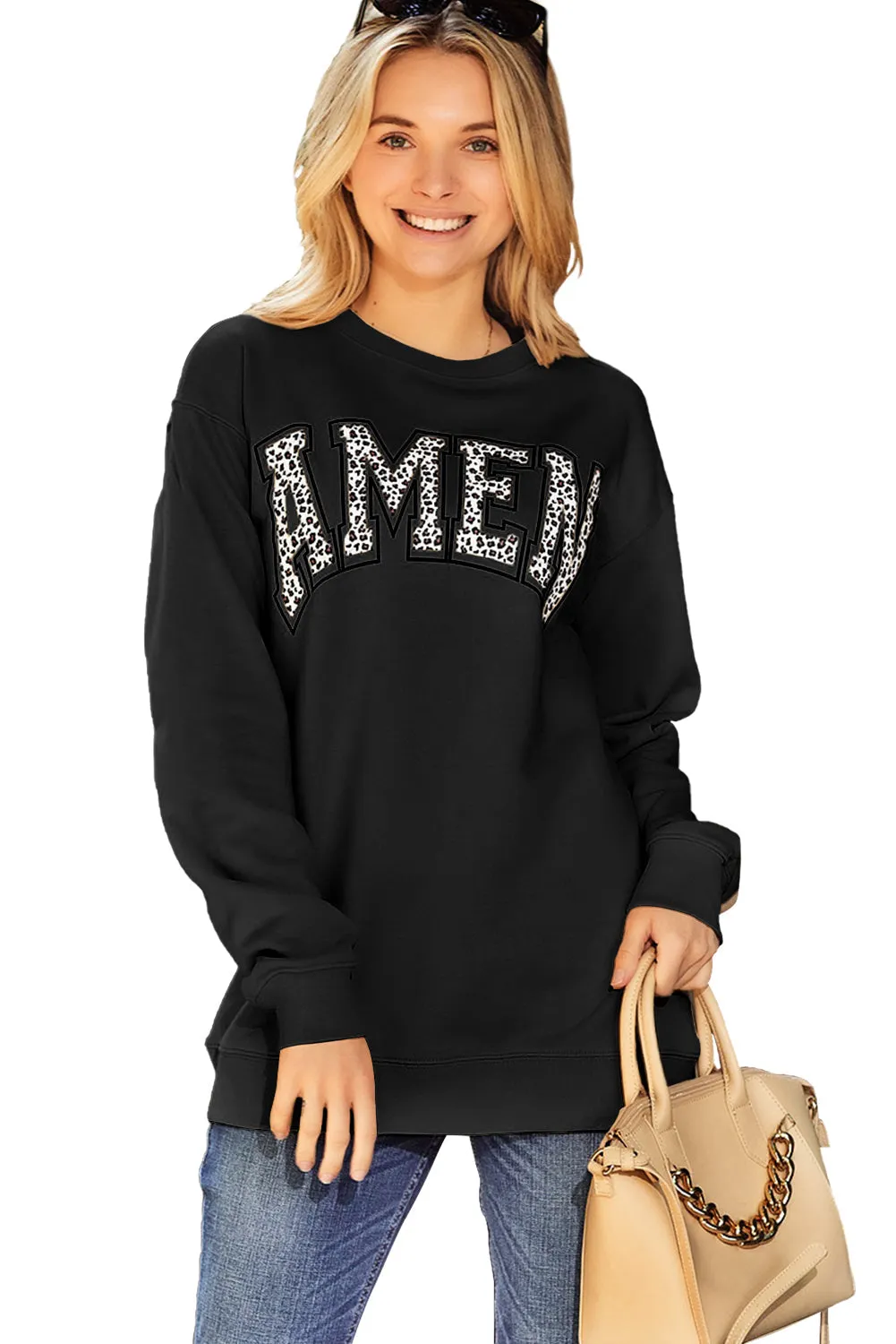 Amen Leopard Letter Print Oversized Pullover Sweatshirt