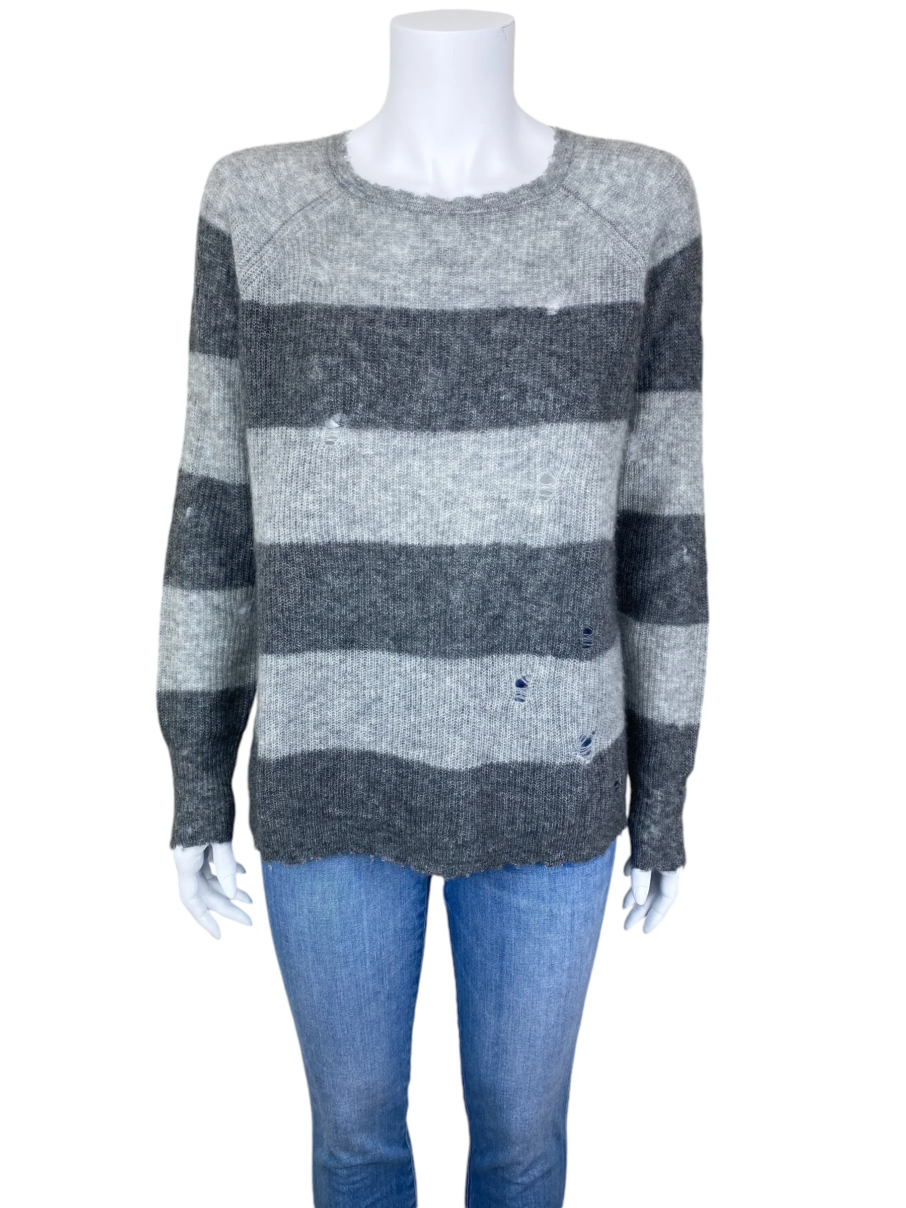 Autumn Cashmere Women's Distressed Cashmere Silk Stripe Sweater Grey Heather Size M