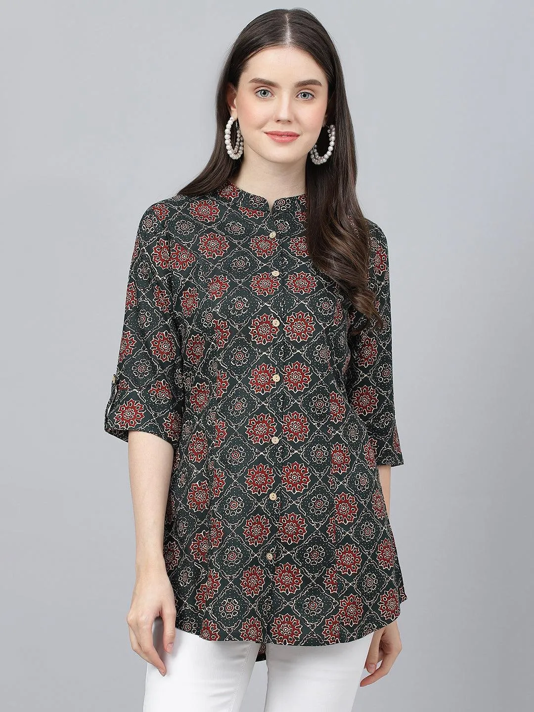 Black Abstract Printed Rayon A-Line Shirts Style Top