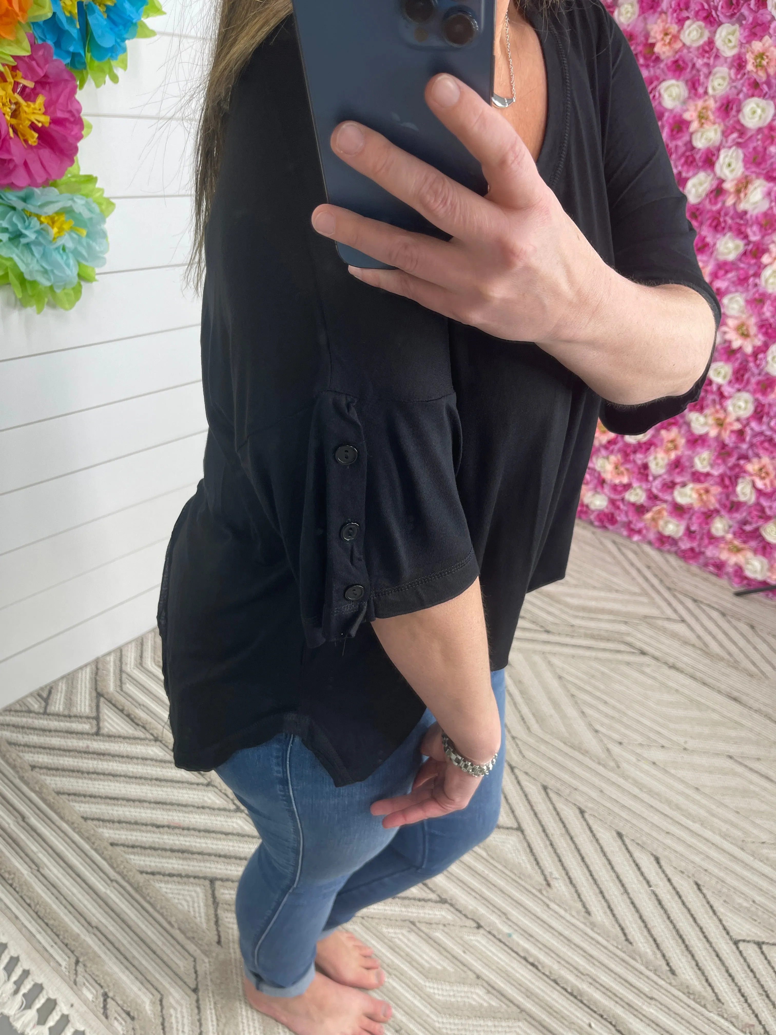 BLACK JERSEY KNIT BUTTON SLEEVE TOP