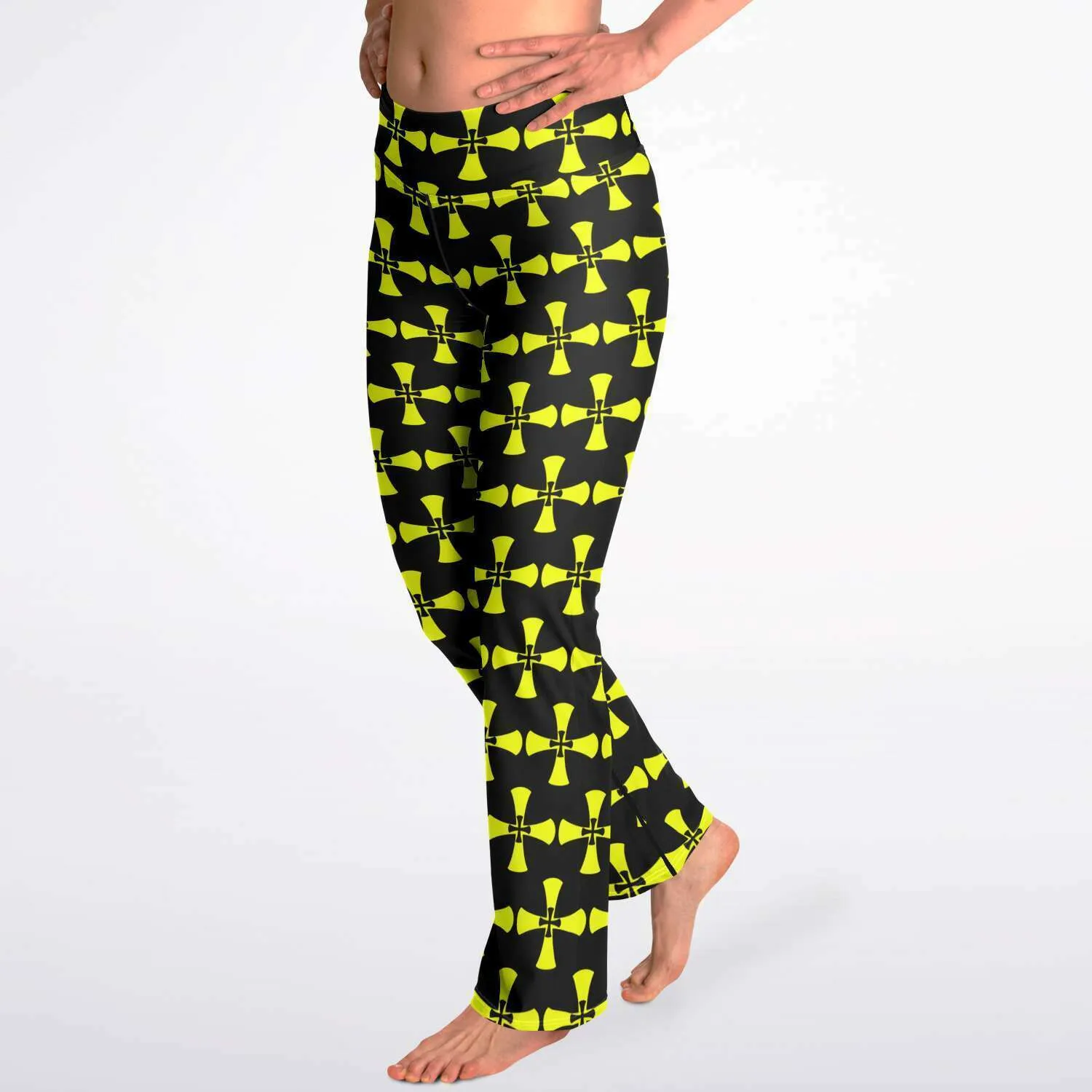 Black-Yellow Flare Leggings-Allover Crusaders Cross