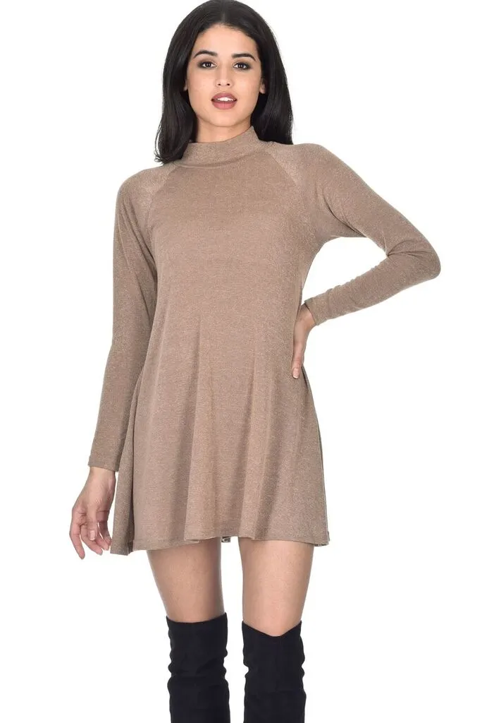 Camel Knitted Mini Swing Dress