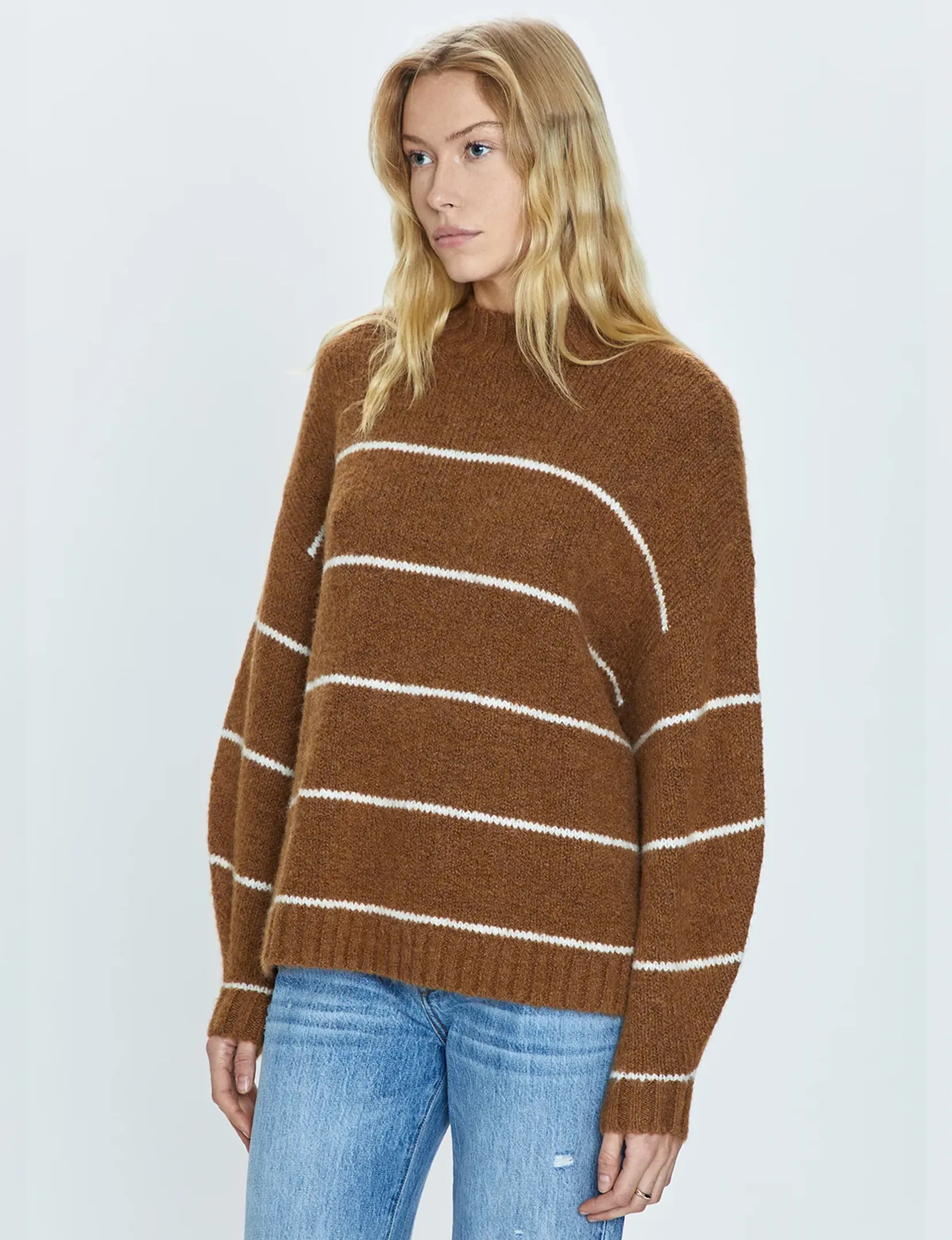 Carlen Mock Neck Sweater, Caramel/White Stripe