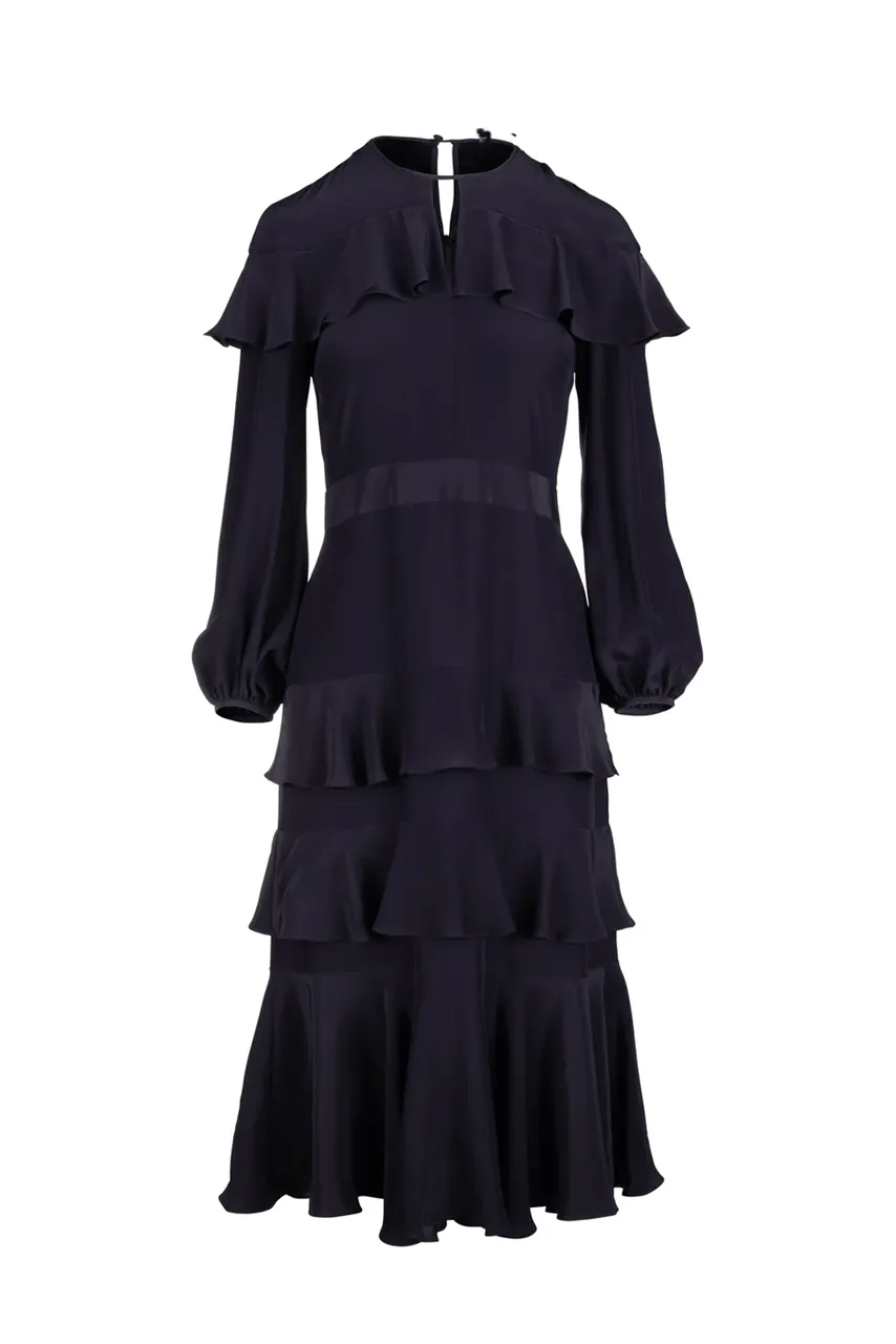 Cascade Ruffle Dress - Navy