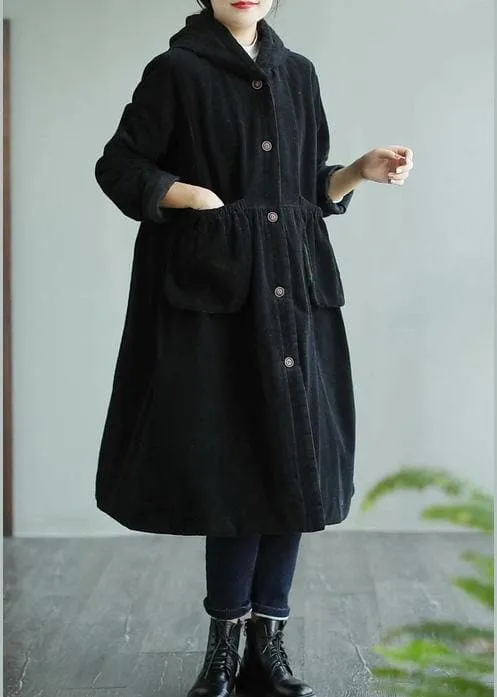 Classy Black Fine Maxi Coat Sewing Hooded Pockets Women Coats