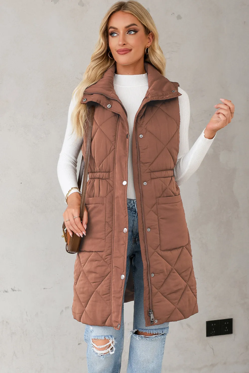 Coffee Puffer Quilted Stand Collar Pocketed Vest Coat