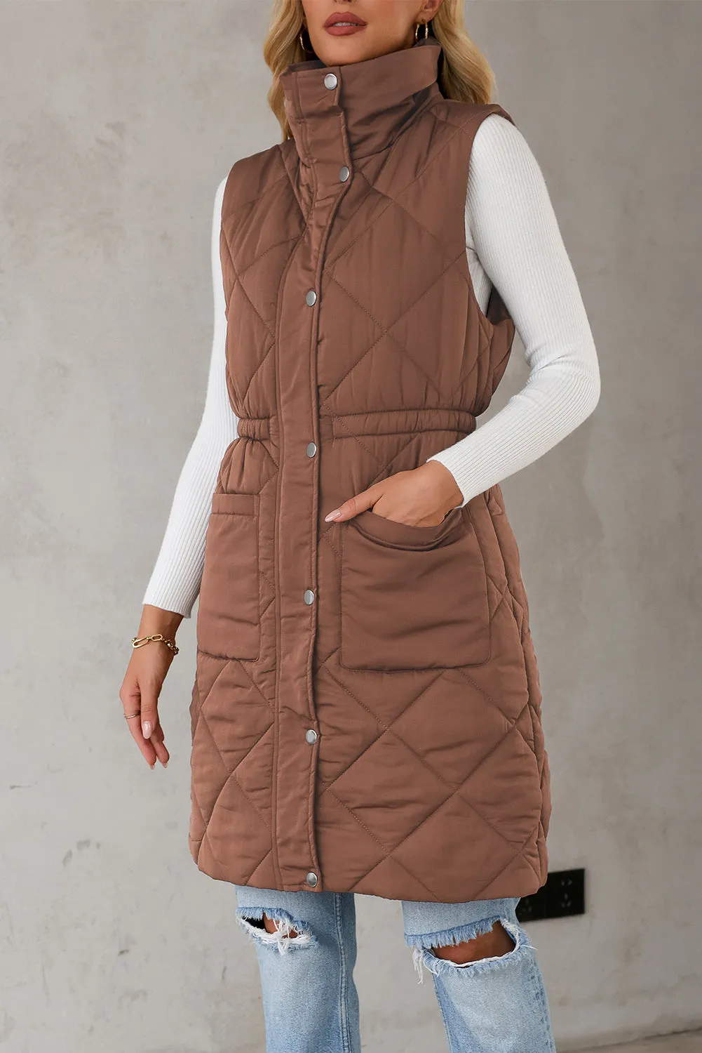 Coffee Puffer Quilted Stand Collar Pocketed Vest Coat