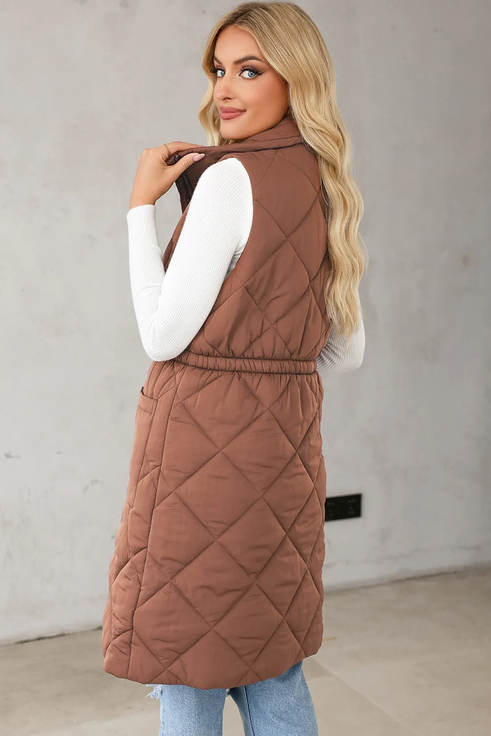 Coffee Puffer Quilted Stand Collar Pocketed Vest Coat