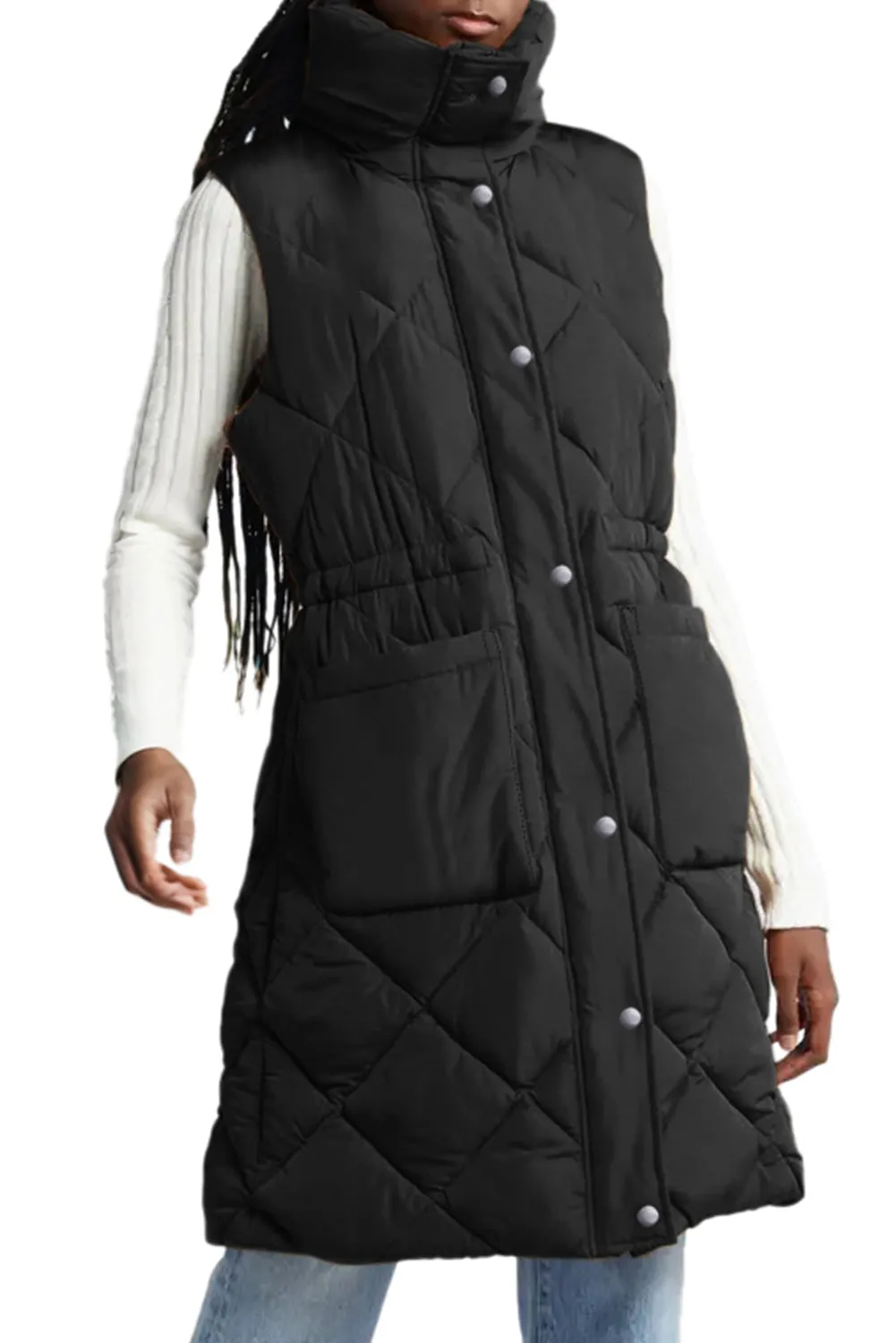 Coffee Puffer Quilted Stand Collar Pocketed Vest Coat