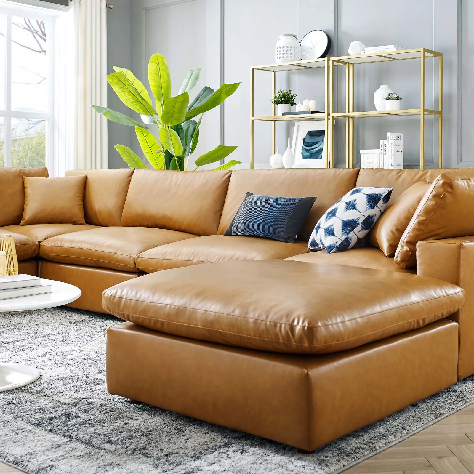 Commix Down Filled Overstuffed Vegan Leather 7-Piece Sectional Sofa Tan EEI-4922-TAN