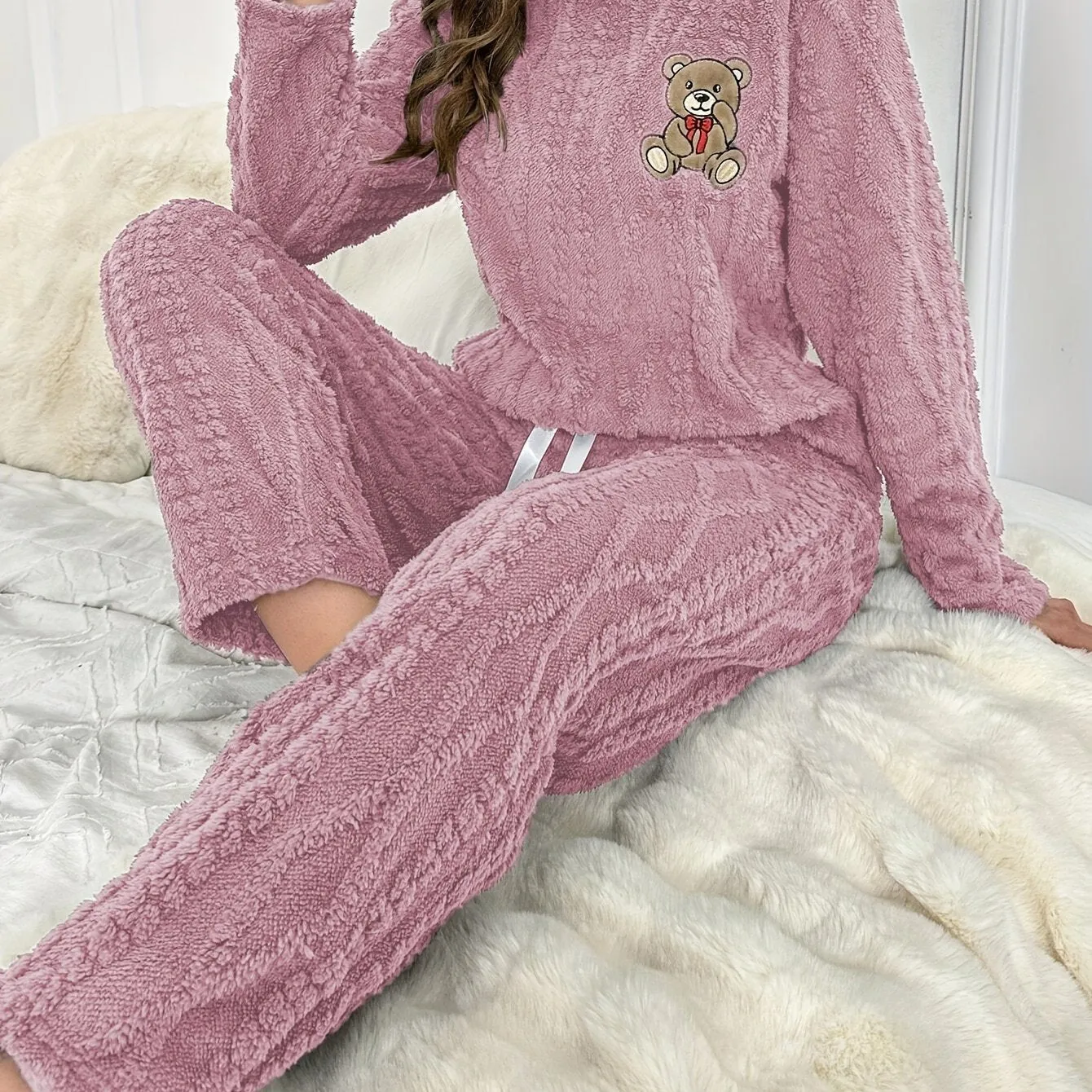 Cozy Coral Fleece Pajama Set for Women - Cute Bear Embroidery, Long Sleeve & Pants, Round Neck Top