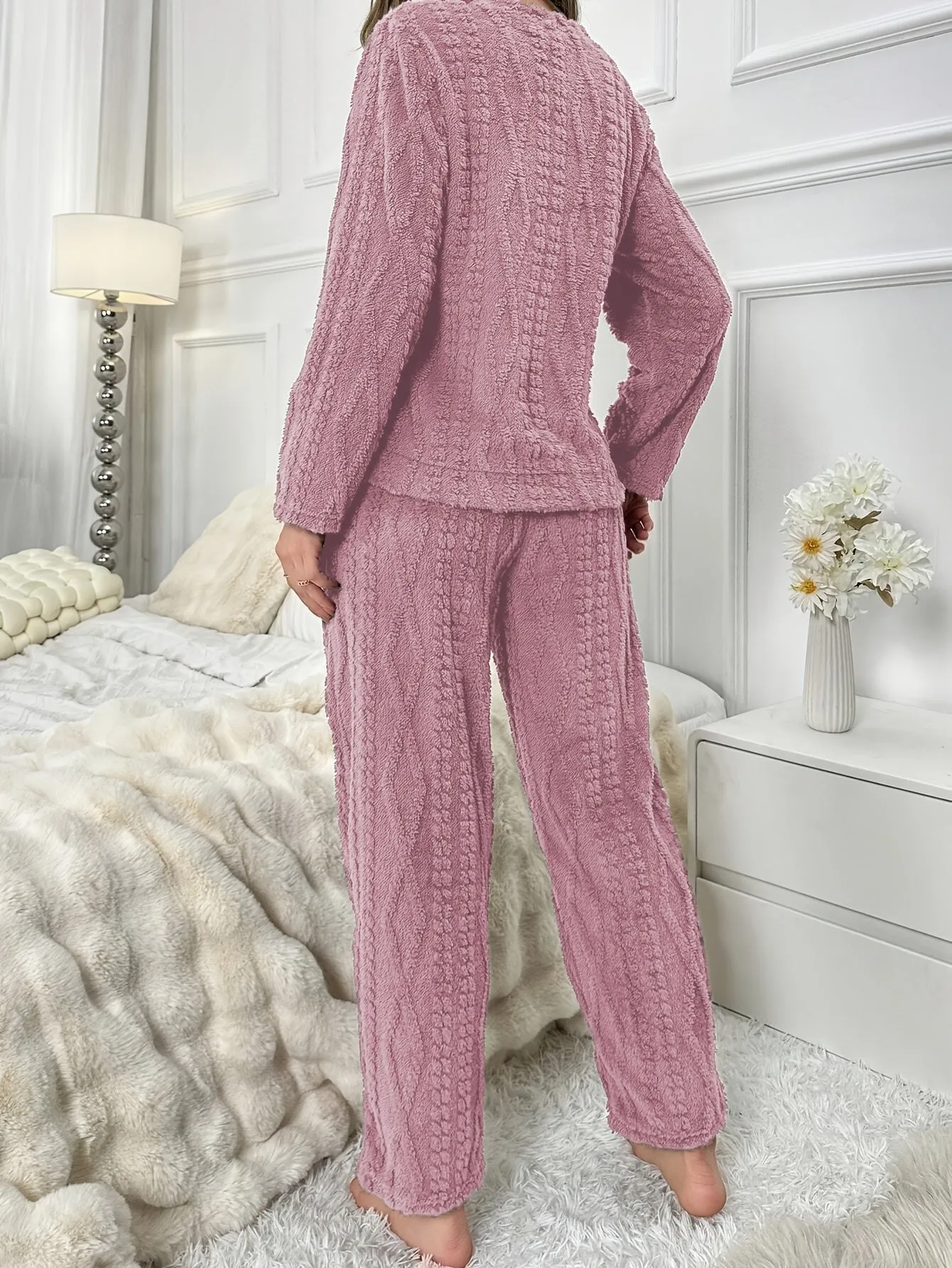 Cozy Coral Fleece Pajama Set for Women - Cute Bear Embroidery, Long Sleeve & Pants, Round Neck Top