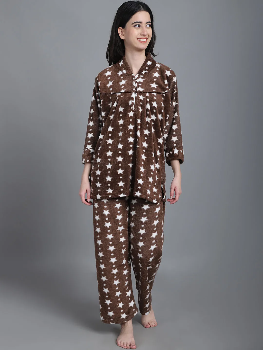 Cozy Star Print Winter Night Suit - Brown