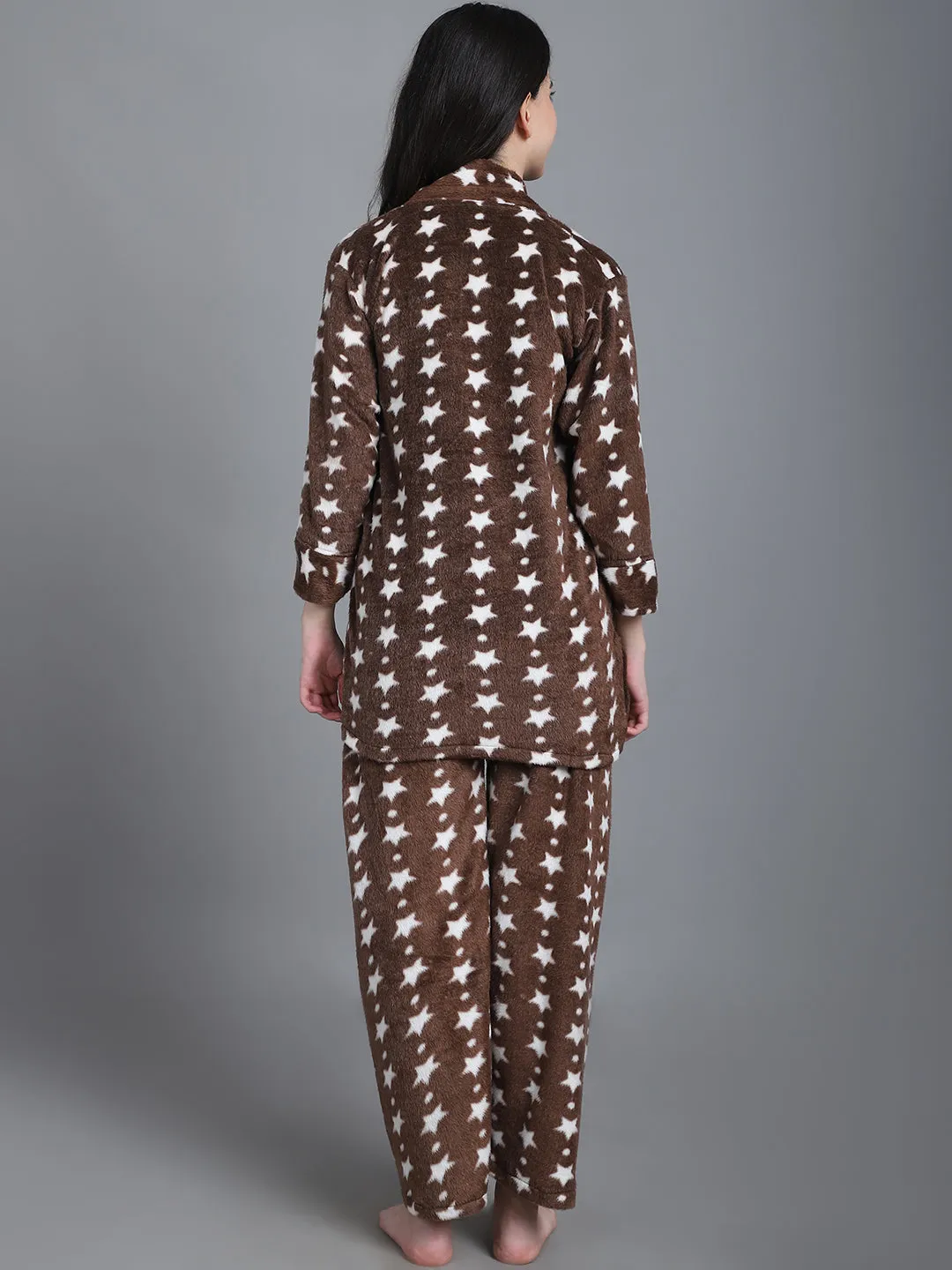 Cozy Star Print Winter Night Suit - Brown