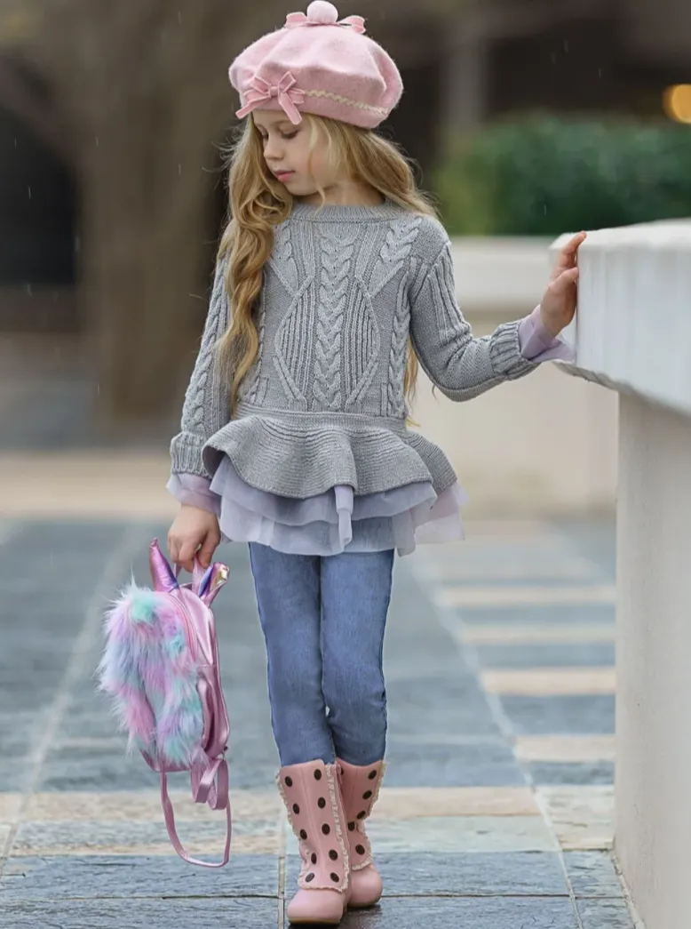 Cute As Pie Ashen Cable Knit Tutu Sweater