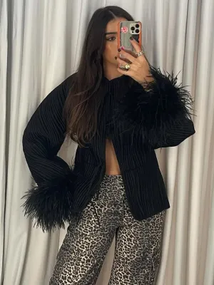 Elegant feathers long sleeves black fall jacket autumn coat night out jacket