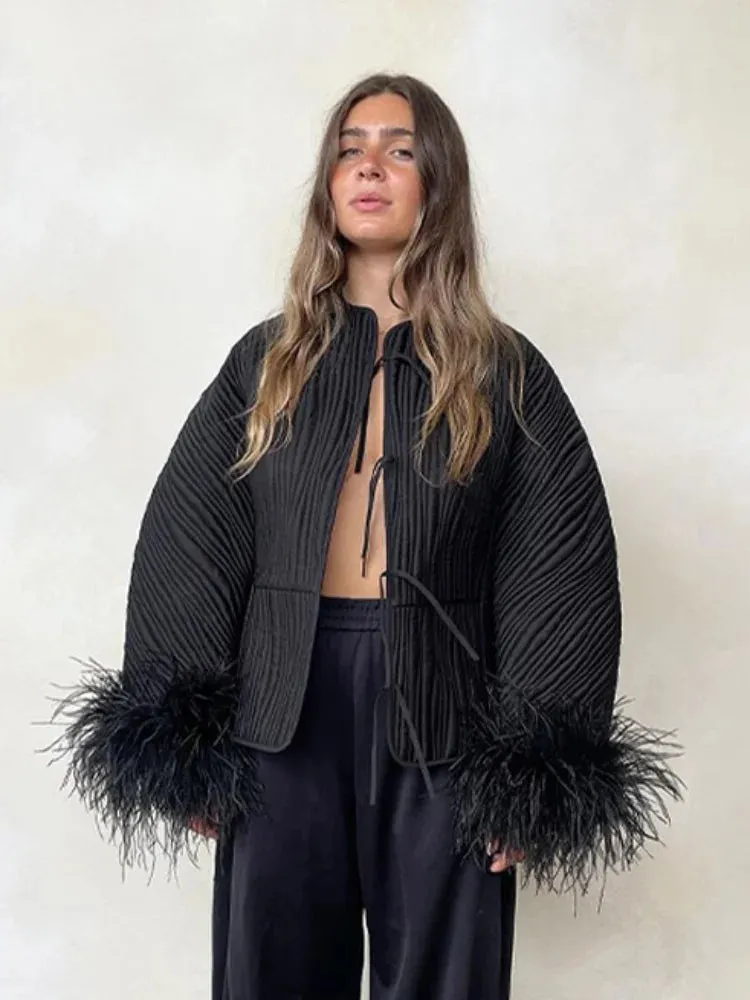 Elegant feathers long sleeves black fall jacket autumn coat night out jacket