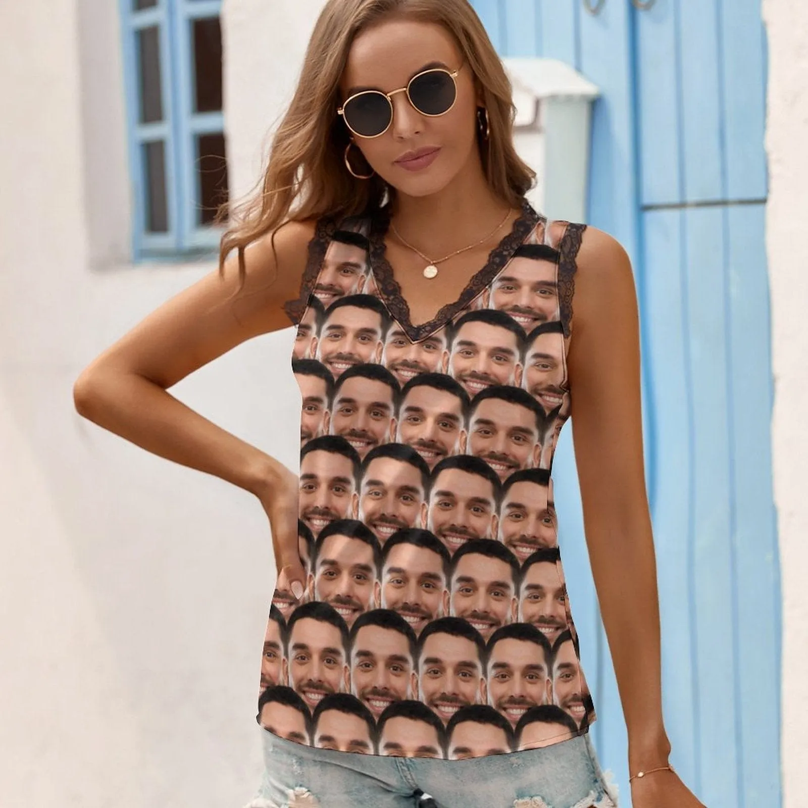 Face on Tank Top Seamless Personalized Women's V-Neck Sleeveless Top Design Gift for Her