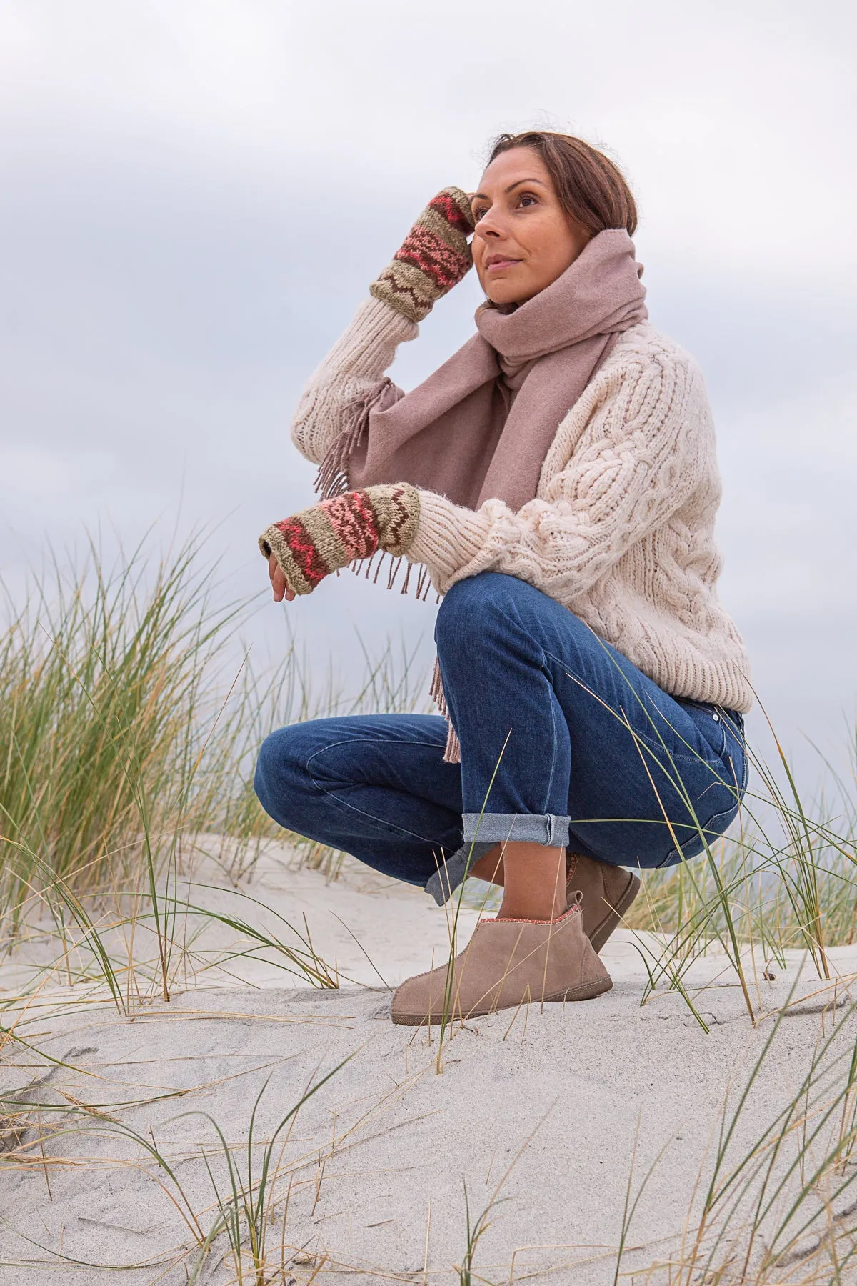 Fair Isle Wrist Warmers - Pink/Stone