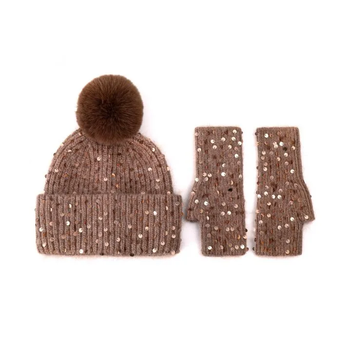 Faux Fur Pop Pom Hat With Sequins - Brown