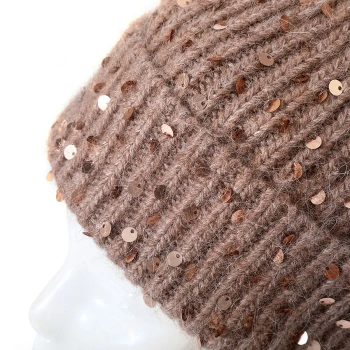 Faux Fur Pop Pom Hat With Sequins - Brown