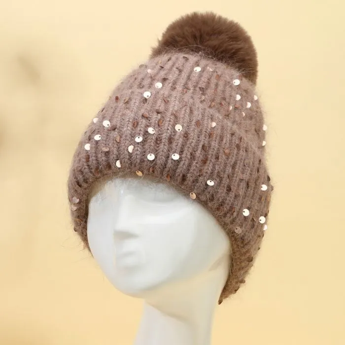 Faux Fur Pop Pom Hat With Sequins - Brown