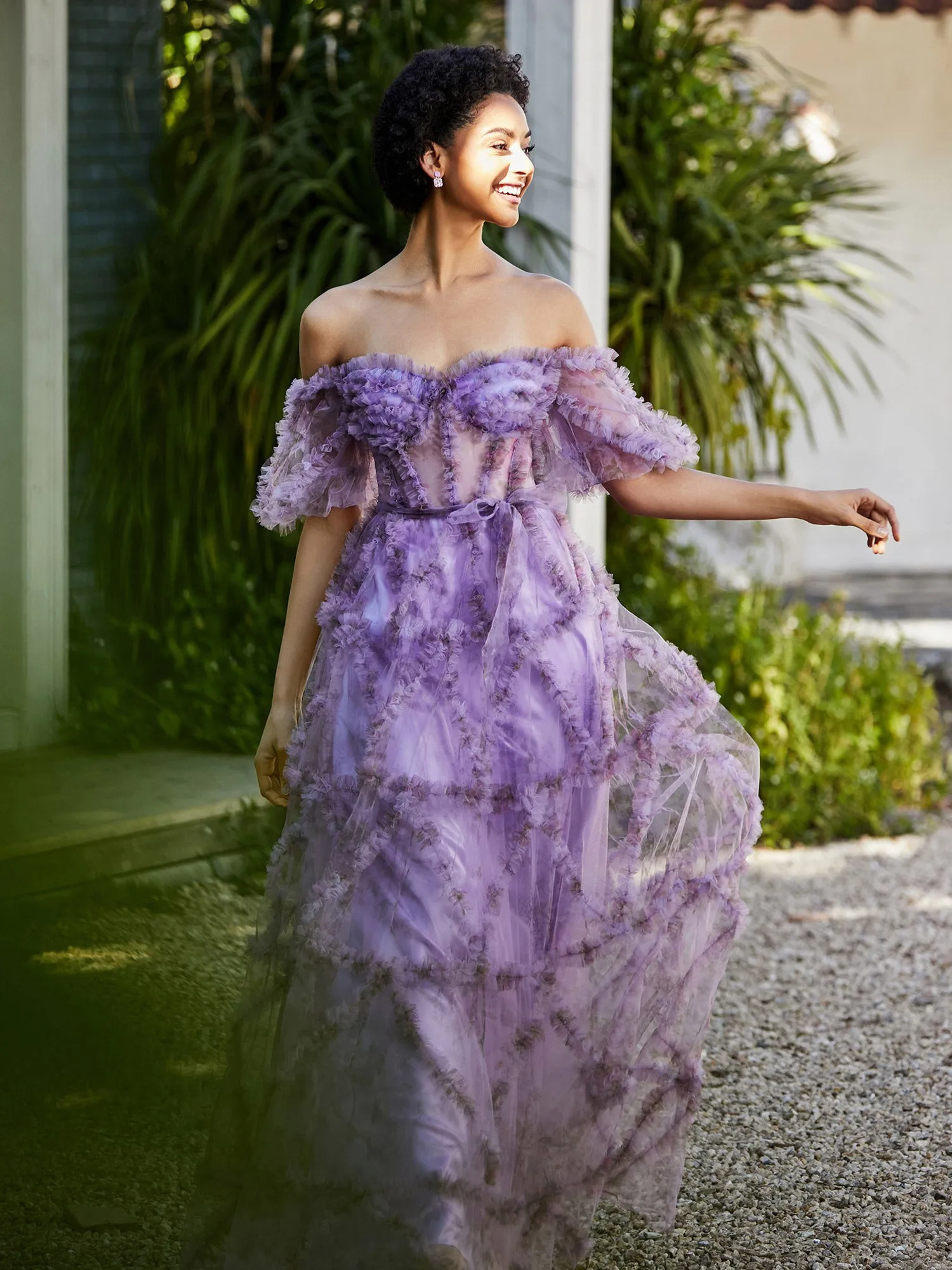 Floral Boho Off Shoulder Ruffle Skirt Tulle Gown Lilac