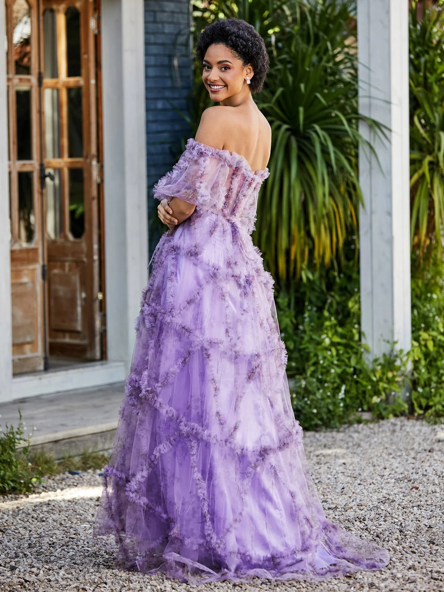 Floral Boho Off Shoulder Ruffle Skirt Tulle Gown Lilac