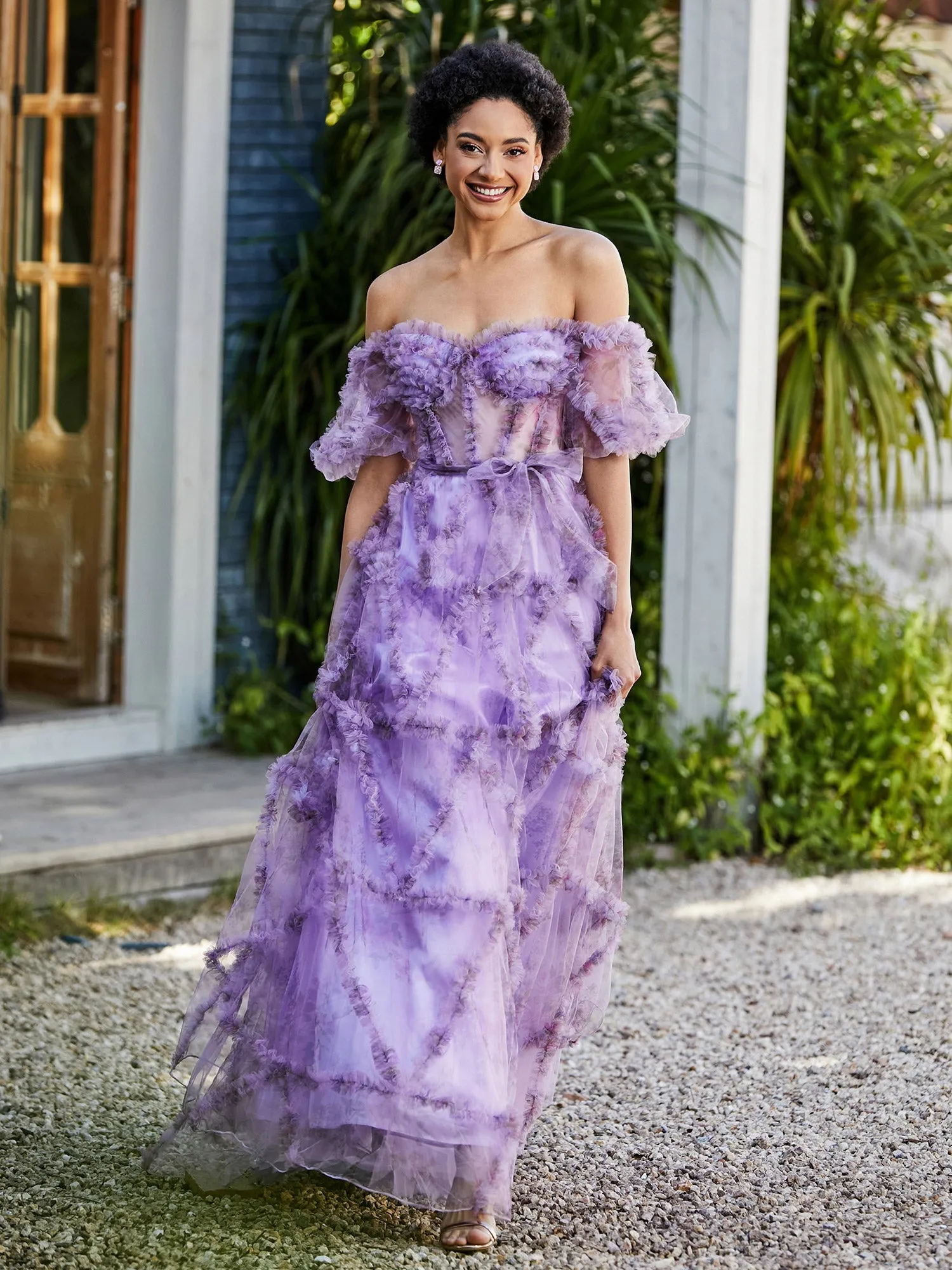 Floral Boho Off Shoulder Ruffle Skirt Tulle Gown Lilac