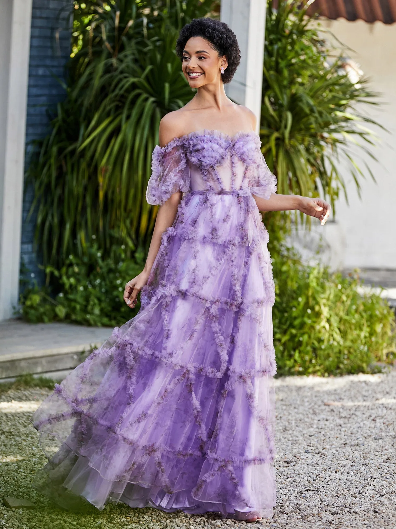 Floral Boho Off Shoulder Ruffle Skirt Tulle Gown Lilac