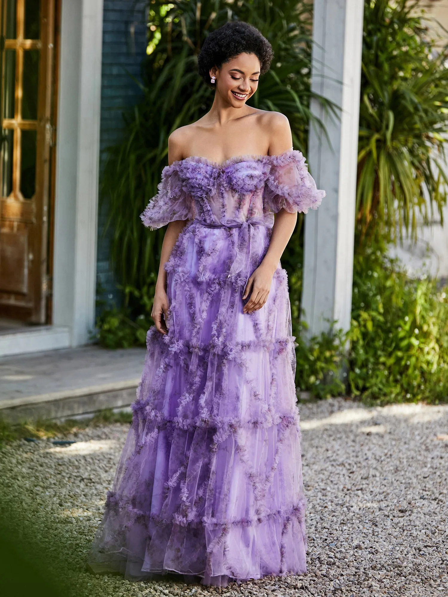 Floral Boho Off Shoulder Ruffle Skirt Tulle Gown Lilac