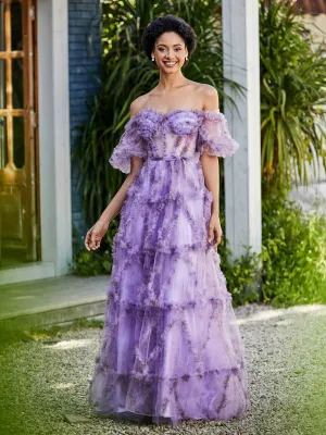 Floral Boho Off Shoulder Ruffle Skirt Tulle Gown Lilac