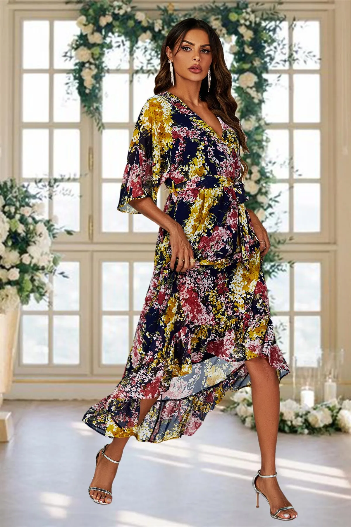 FS Collection Floral Print Wrap Top Kimono Sleeve Maxi Dress In Navy