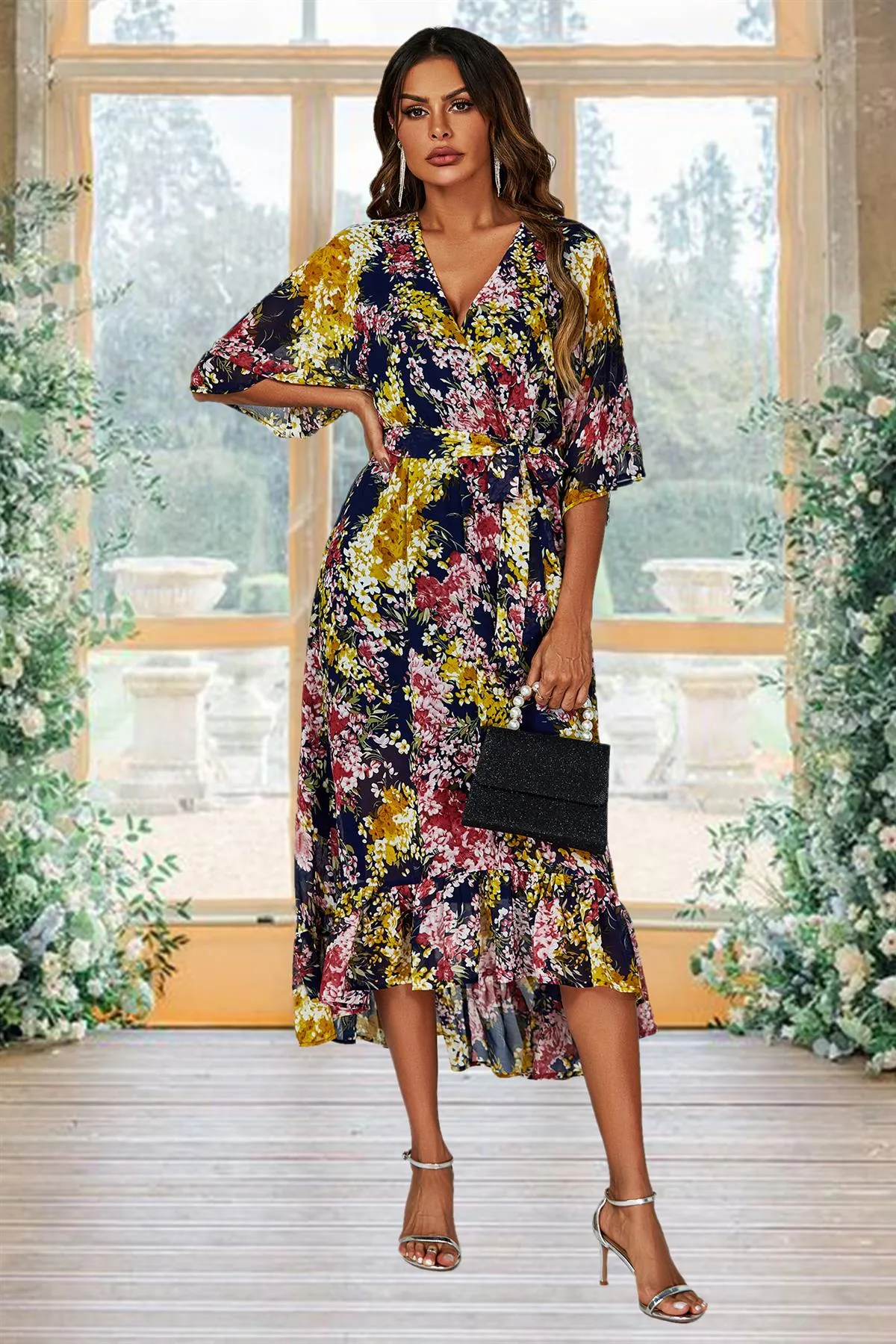 FS Collection Floral Print Wrap Top Kimono Sleeve Maxi Dress In Navy