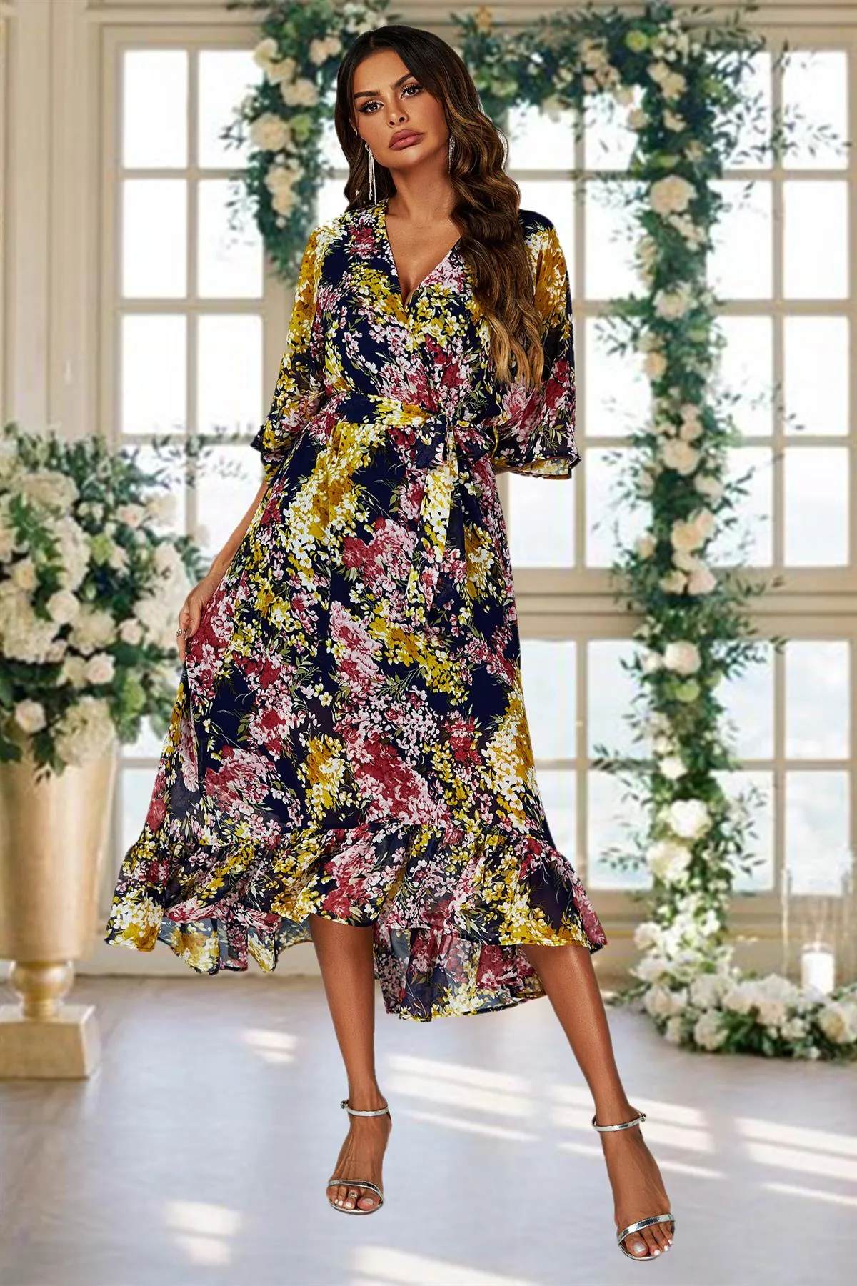 FS Collection Floral Print Wrap Top Kimono Sleeve Maxi Dress In Navy