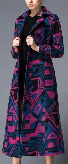 Geometric Print Wool Trench Coat